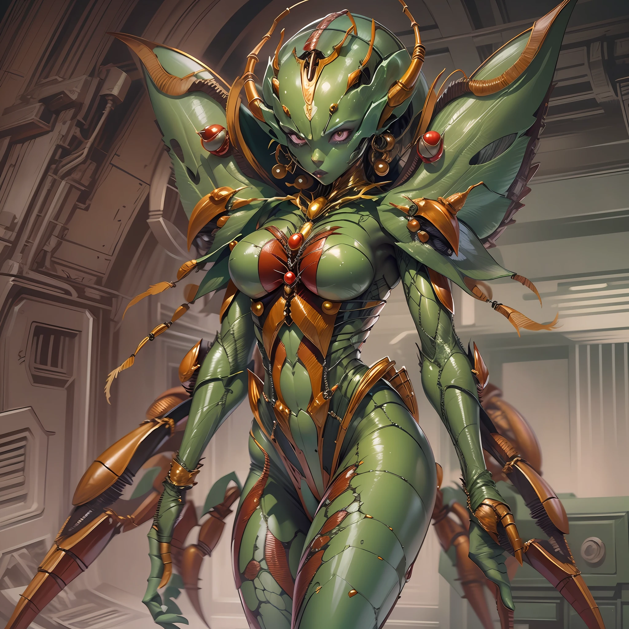 Cartoon photo of woman in green and red costume、Hot insect humanoid female、a person々Outside the、Guyver Style、SFW version、Scarabeleploid、tail、Cel Shade Adult Animation、Alien Queen、