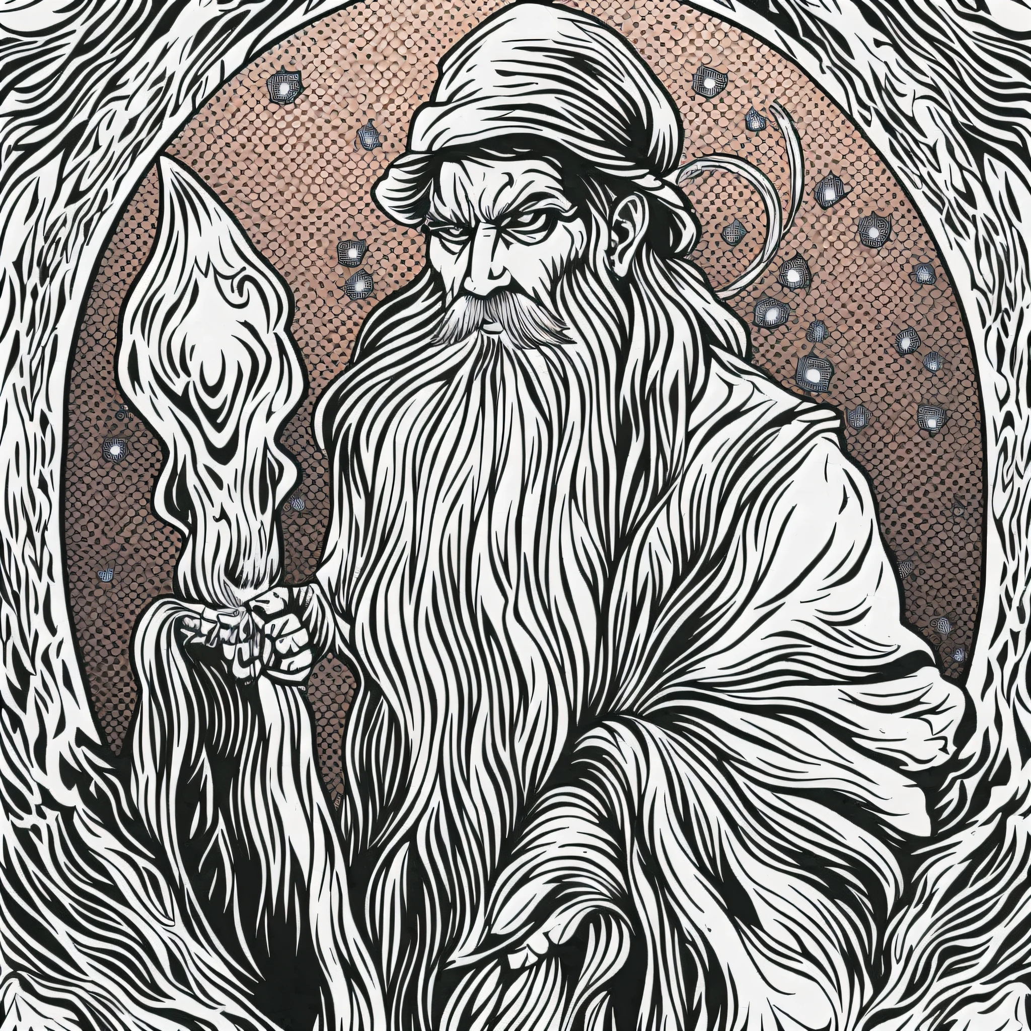 mythical mage, long beard, staff with a crystal on top, trading card template style, black white colors, stencil, ink