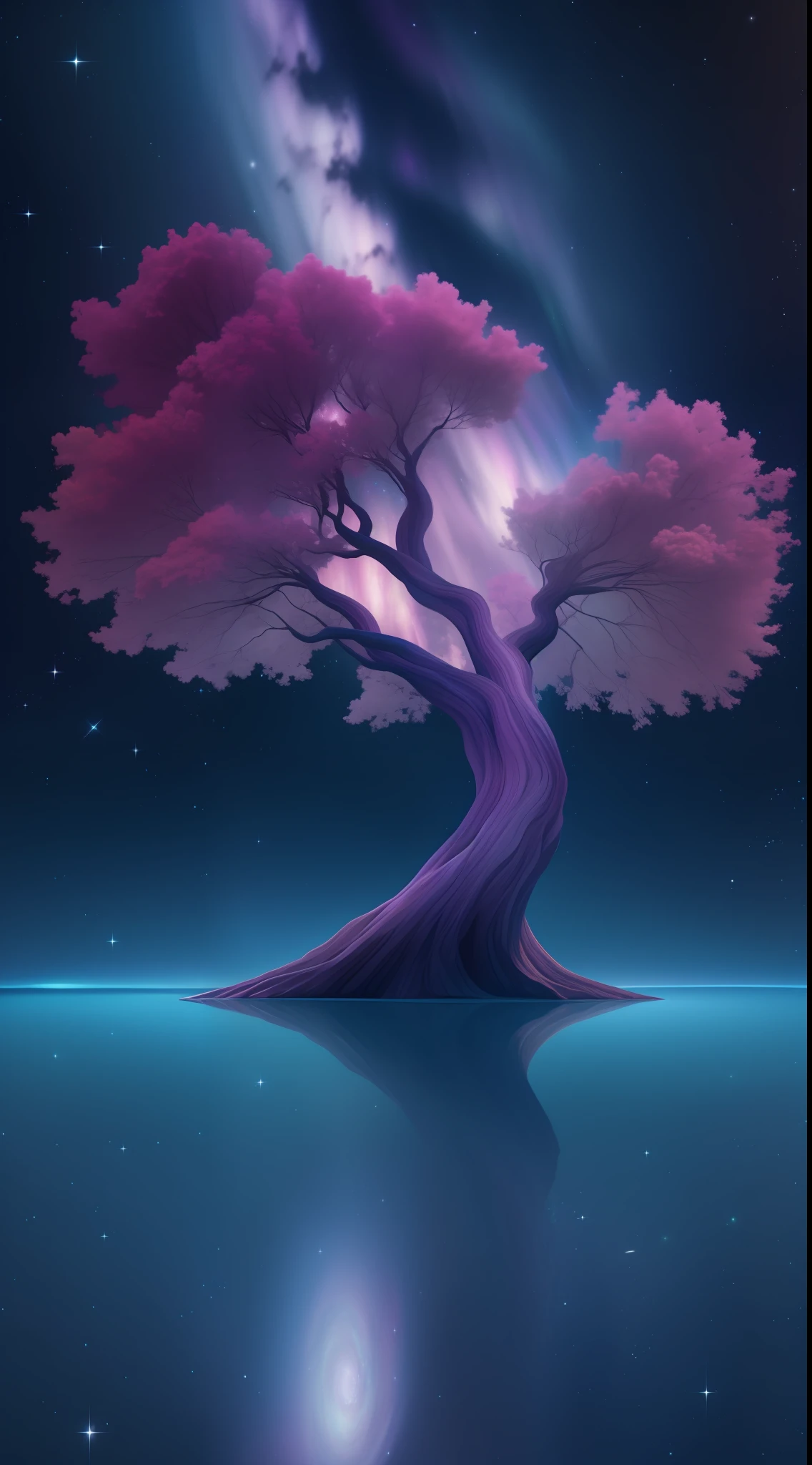 Galaxy tree,galaxy sky,hires,8k,aurora,hyperrealistic,river,