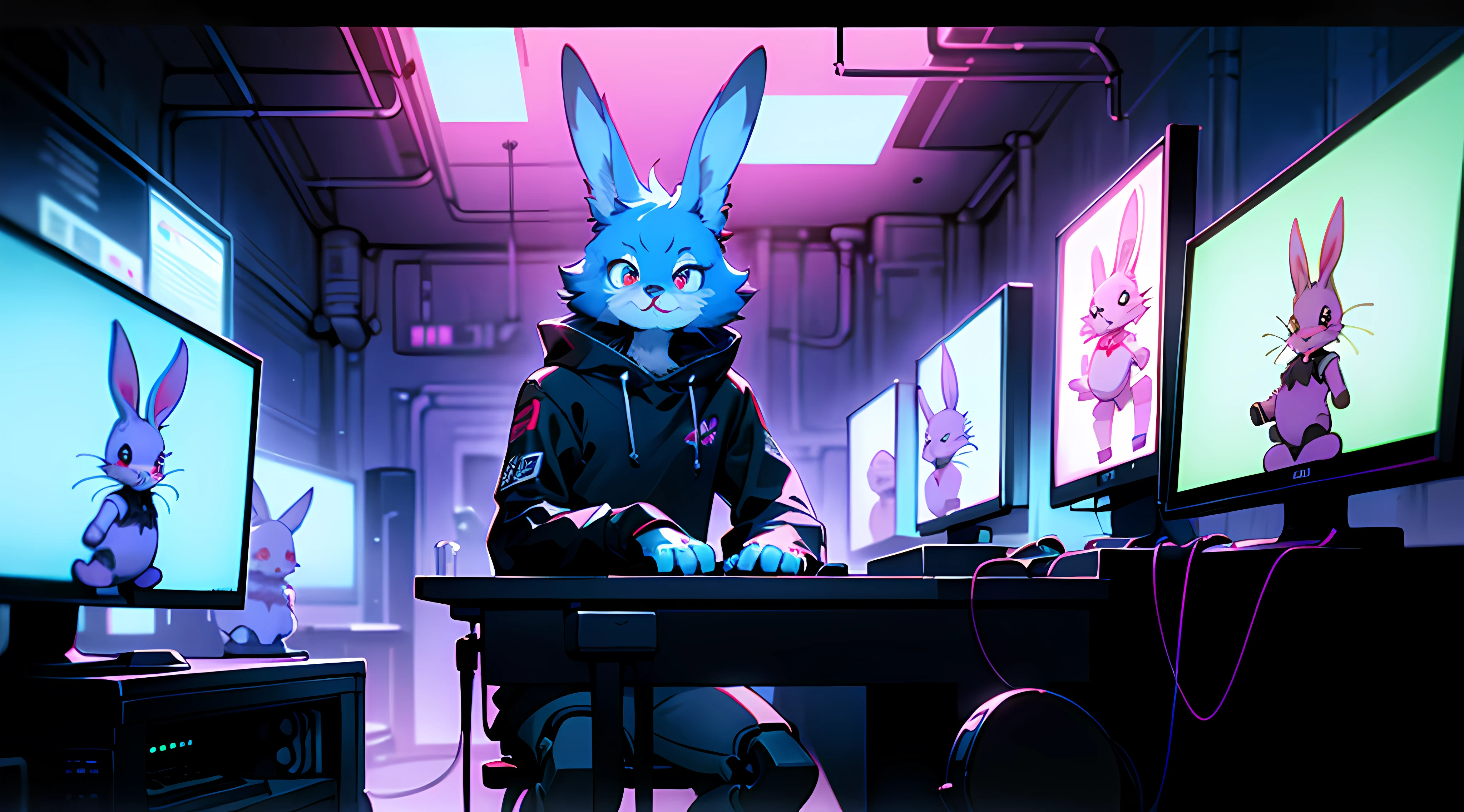 a digital painting of a cyberpunk anthro kemono furry blue rabbit girl, cyberpunk art by Josan Gonzalez, behance contest winner, afrofuturism, synthwave, neon, glowing neon, crt screencap of a cel animation still from a 1980s neon dystopian anime about a cyberpunk anthro kemono furry blue rabbit girl who patrols the streets looking for criminal robots, (blame! style abandoned tech landscape), (Zen, Amy Sol style), (((beats to relax/study to))), (((Lofi anthro kemono blue-furred rabbit girl in power armor sitting in metal chair behind computer terminal, behind giant glass terminal screen, beats to relax/study to))), (((blue kemono beastars furry rabbit anime hacker with small soft furry paws))), (((suspended glass cyberpunk computer terminals with robot rabbit in background))), ((glowing cyberdeck screens)), (underground, dark, foggy, perilous, abandoned dystopian apartment bedroom, deep windows), (abstract anthro rabbit figure wearing bunny ears), cover art with light abstraction, abstract, simple vector art, contemporary Cybernetic art, color gradients, soft color palettes, layered forms, whimsical animation, style Ethereal abstract, 4K, --v6