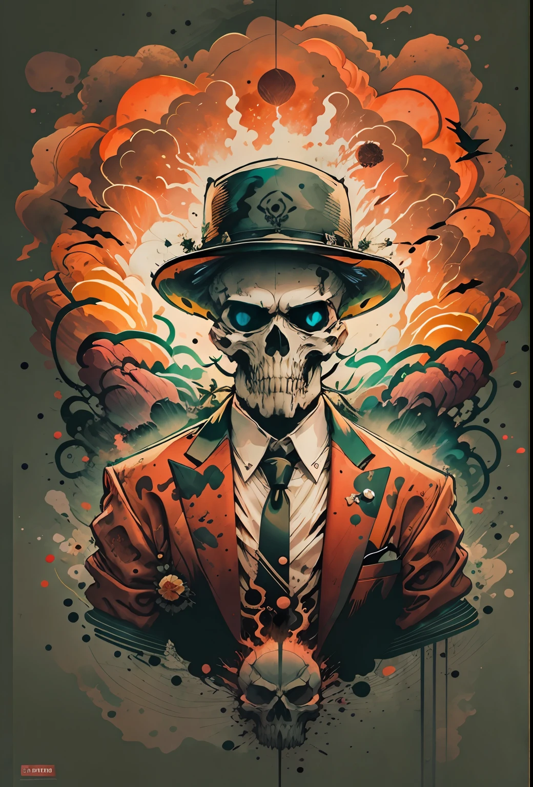 Year 1914, A man in a suit with a sad skull, Wearing a hat a nuclear explosion with a red sky in the background, realistic illustration, Art conceptuel, Vecteur plat 2D, Conception de t-shirts, comics style, Terrifiant, Effet aquarelle, Adobe Illustrator, Hand drawn, zoomed out, fond blanc, centered, full body framed in, Approcher la perfection, dynamique, highly detailed, lisse, Illustration style, (fond vide:1.4).