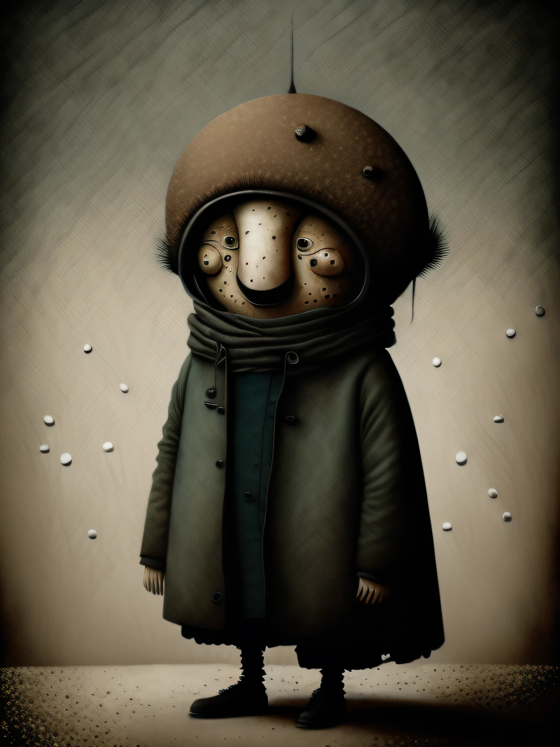 Tres personajes de dibujos animados vestidos con abrigos y sombreros se paran juntos, Anton Semenov, Personajes de Maquinarium, Pupilas dot, Tres ojos, Seis de Little Nightmares, 3 cabezales, Tres cabezas, sonrisas espeluznantes, Tres ojos, Somber, por Yi Inmun, por Tadeusz Brzozowski, pocos globos oculares, horripilante!!, Arte conceptual post grunge