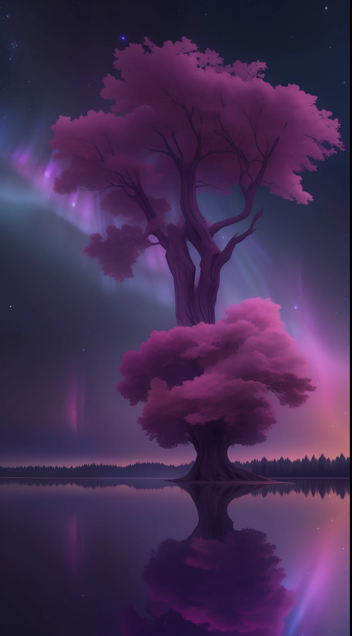 Galaxy tree,galaxy sky,hires,8k,aurora,hyperrealistic,river,