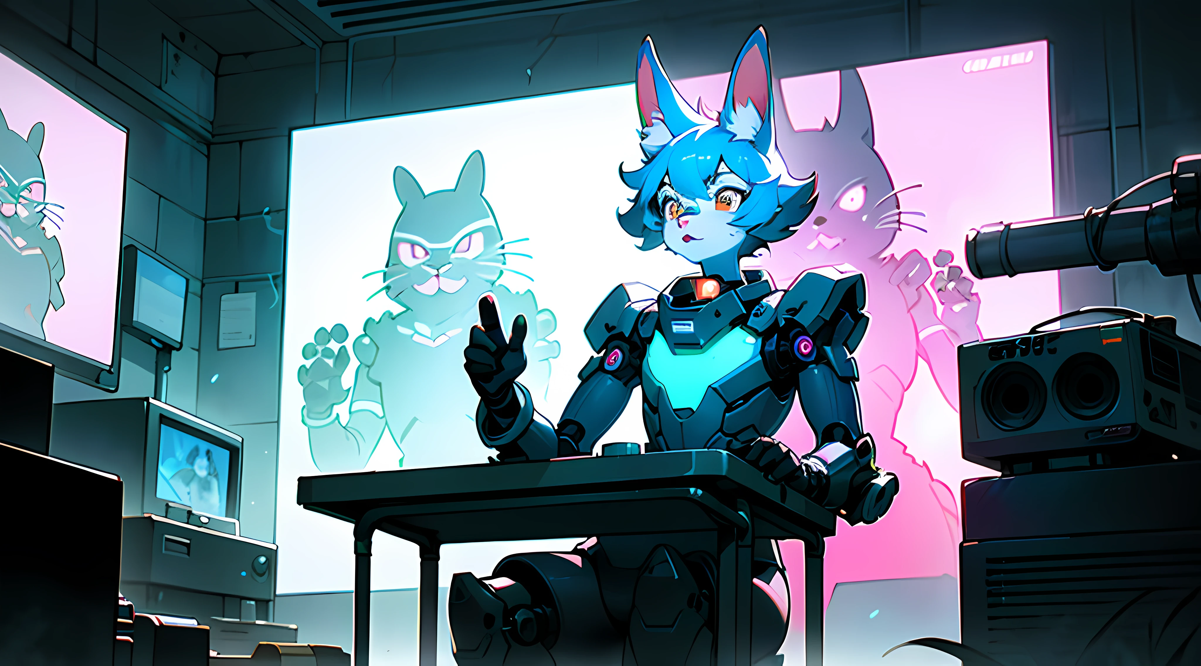 crt vhs screencap of a cel animation still from a 1980s neon dystopian anime about a cyberpunk anthro kemono furry blue rabbit girl who patrols the streets looking for criminal robots, cyberpunk art by Josan Gonzalez, behance contest winner, afrofuturism, synthwave, neon, glowing neon, (blame! style abandoned tech landscape), (Zen, Amy Sol style), (((beats to relax/study to))), (((Lofi anthro kemono blue-furred rabbit girl in power armor sitting in metal chair behind computer terminal, behind giant glass terminal screen, beats to relax/study to))), (((blue kemono beastars furry rabbit anime hacker with small soft furry paws))), (((suspended glass cyberpunk computer terminals with robot rabbit in background))), ((glowing cyberdeck screens)), (underground, dark, foggy, perilous, abandoned dystopian apartment bedroom, deep windows), (abstract anthro rabbit figure wearing bunny ears), cover art with light abstraction, abstract, simple vector art, contemporary Cybernetic art, color gradients, soft color palettes, layered forms, whimsical animation, style Ethereal abstract, 4K, --v6