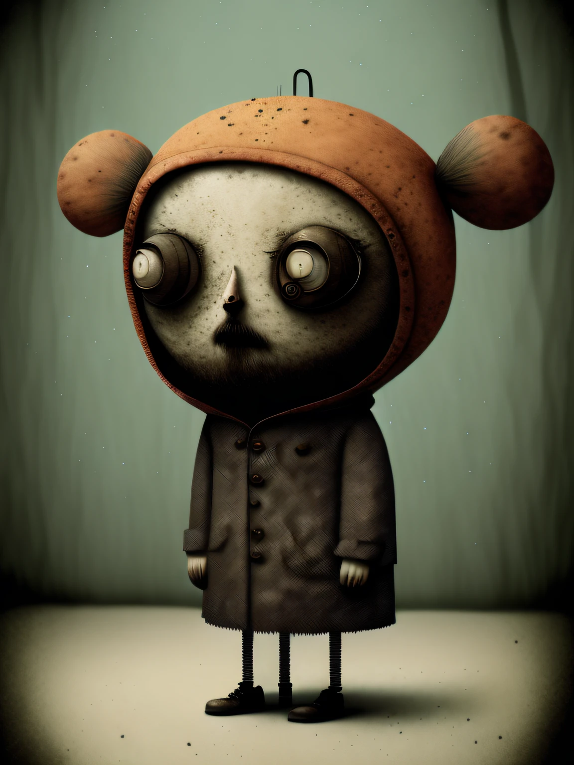 Tres personajes de dibujos animados vestidos con abrigos y sombreros se paran juntos, Anton Semenov, Personajes de Maquinarium, Pupilas dot, Tres ojos, Seis de Little Nightmares, 3 cabezales, Tres cabezas, sonrisas espeluznantes, Tres ojos, Somber, por Yi Inmun, por Tadeusz Brzozowski, pocos globos oculares, horripilante!!, Arte conceptual post grunge