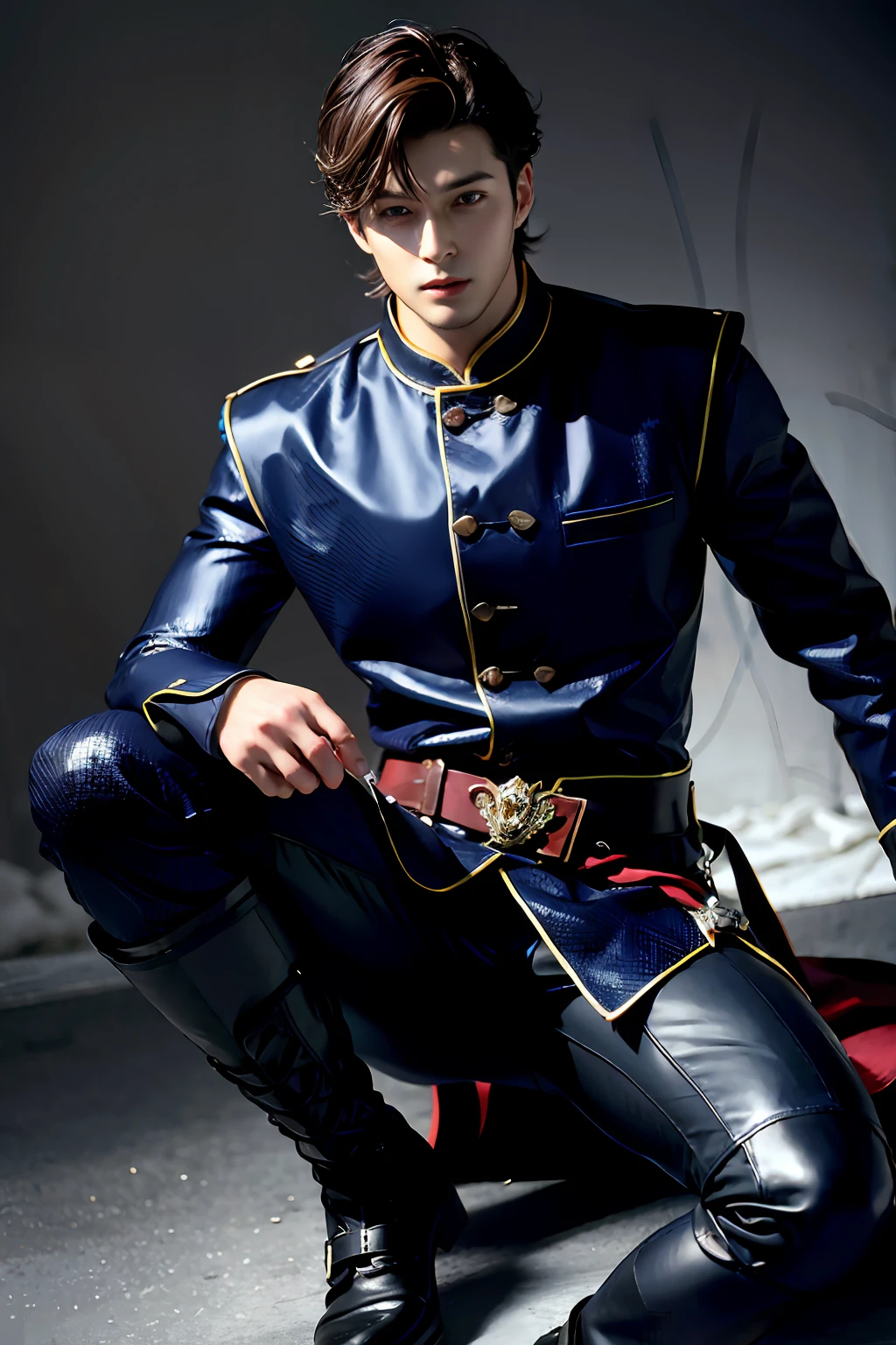 Best quality,A high resolution,A high resolution,4K,8K,3Drenderingof,Low light,Physical rendering,Masterpiece,Russian handsome,Libido boy,Long Haochen,Solo,looking at viewert,Seductive feet,Knight boots,hair messy