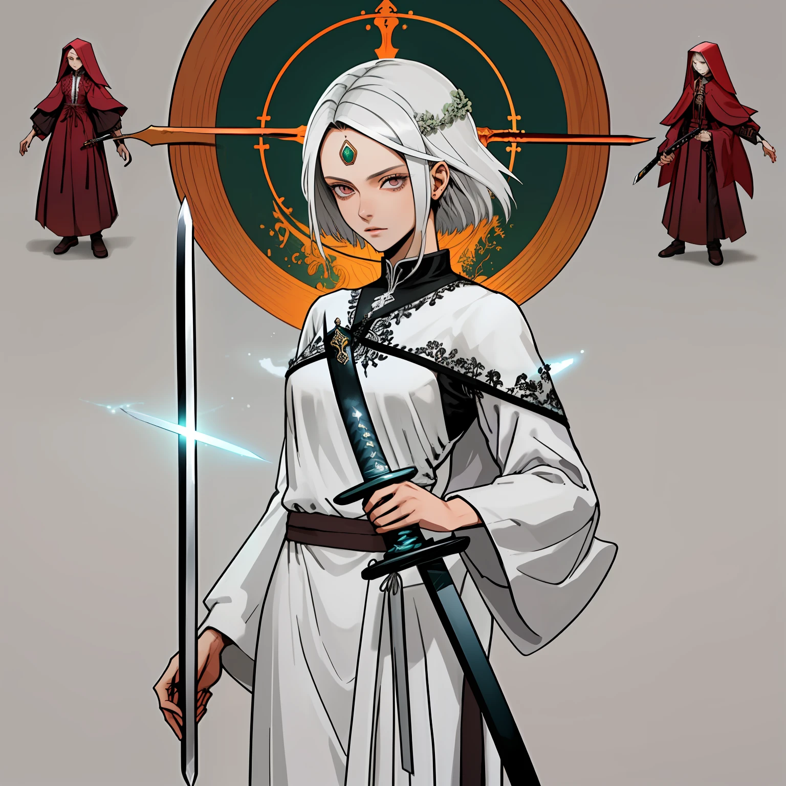 Garota pele clara,cabelo longo preto,olhos escuros,roupa de monje, espadachin, corpo inteiro, with a mystical long sword.