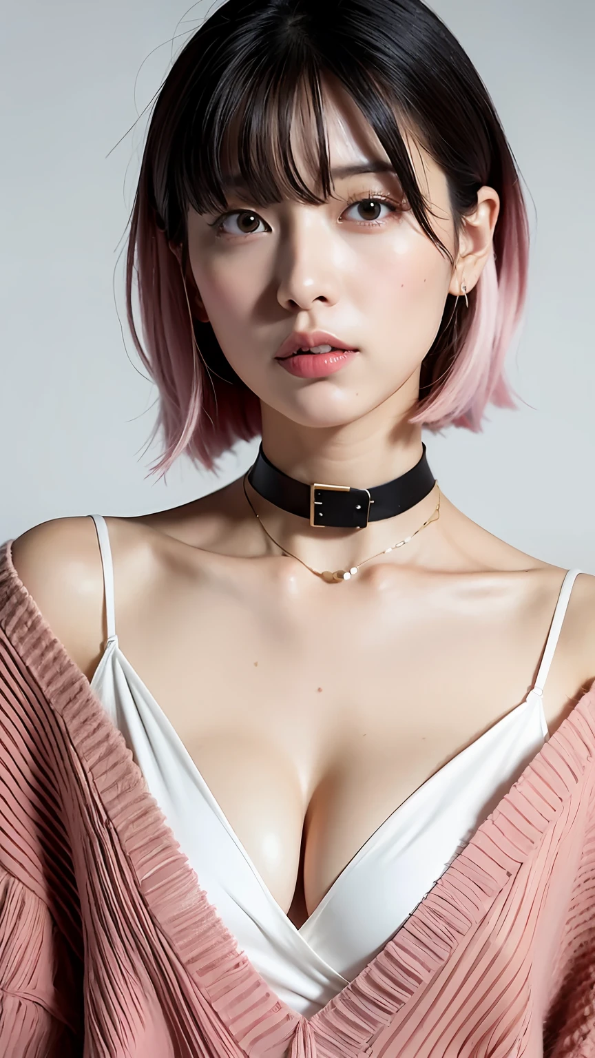 （best qualtiy，8K，32K，tmasterpiece，hyper HD：1.2），Beautiful Japanese woman in the photo，big cleavage breasts，Very short Bob hair，full bodyesbian，Oversized_Sweater，choker necklace，simple backgound，from the above，looking at viewert，Seductive expression, Pink hair, upper body bare