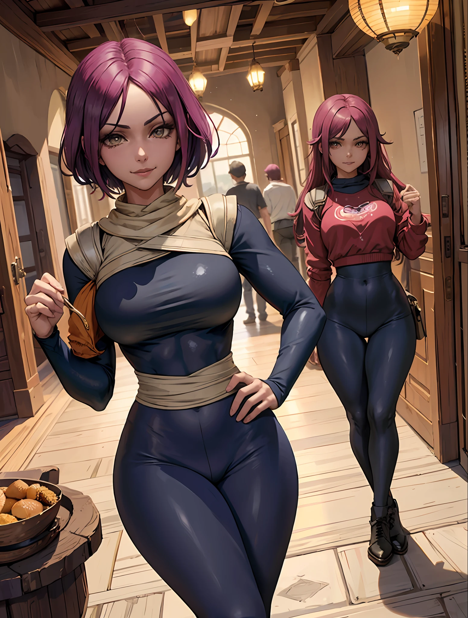 (Obra maestra, La mejor calidad:1.2), solamente, 1girl, shihouin yoruichi, sonrisa afectada, Mirando al espectador, manos en las caderas, Cola de caballo, mangas largas, pantalones negros, Obra maestra, ojos realistas, La mejor calidad, boca cerrada, beautiful lighting, Kinematic, 8k, facial, wet face, liner, paredes de madera, tetas medianas, Sudadera con capucha gris, leggings, caderas anchas, ojos amarillos,