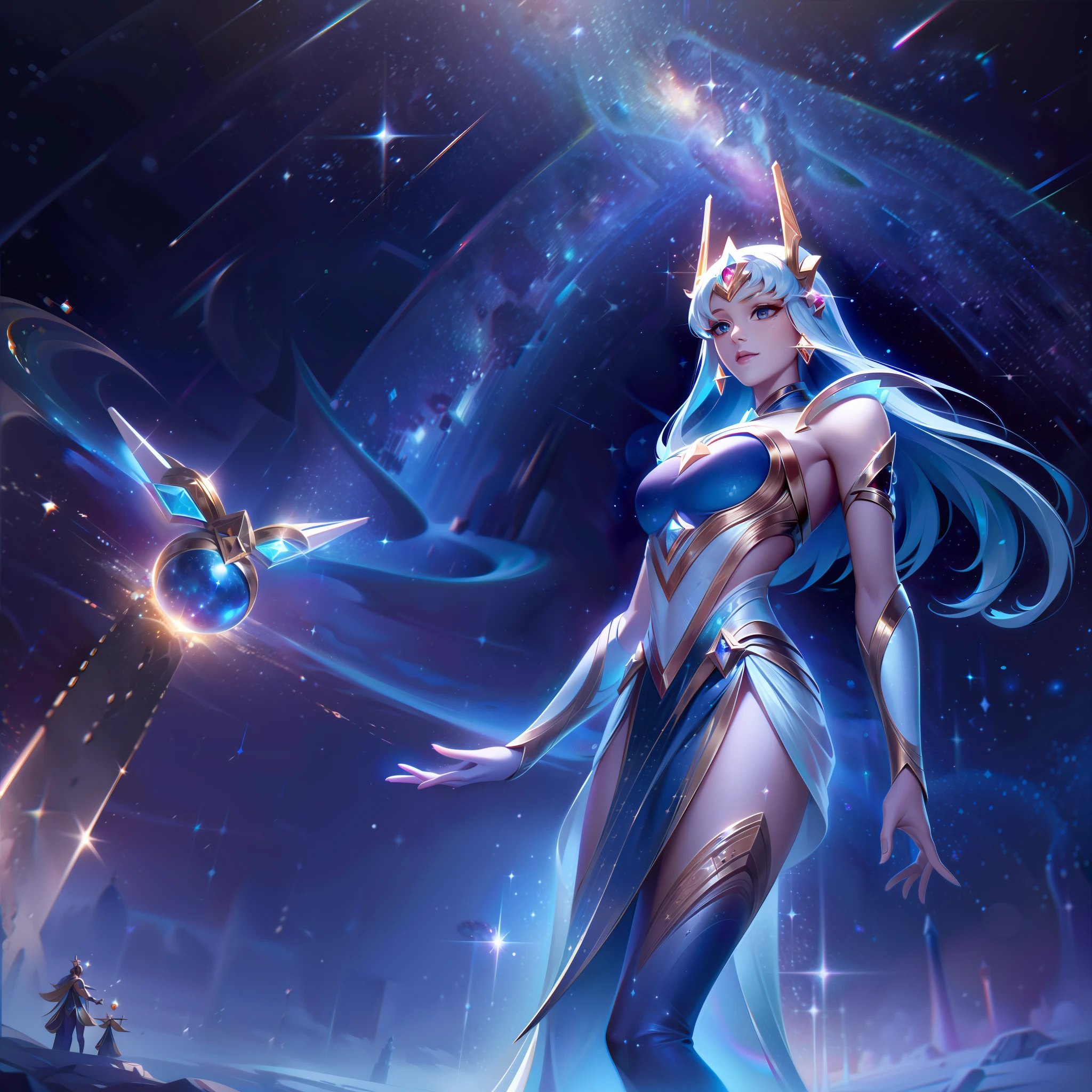 The Epic Skin "Guardian Star Emprekyara" portrays the Keeper of Time as a heavenly guardian of the stars, embracing the cosmic theme in an impressive and captivating way. Na arte splash, Emprekyara's appearance undergoes a mesmerizing transformation. She is now like a radiant and ethereal Starkeeper, adornado em armadura de tema celestial e resplandecente com motivos estrelados. His costume features intricate designs of stars and constellations, symbolizing your connection to the cosmos. Os olhos de Emprekyara brilham com o brilho das estrelas, reflecting her role as guardian of the celestial kingdom. His pose exudes confidence and determination, as if she were ready to protect the cosmos with her cosmic powers. Suas asas se transformaram em estruturas luminescentes e iridescentes, radiating with starlight and cosmic energy. In the background, A cosmic starry sky unfolds, with twinkling stars and spinning nebulae, increasing the sense of wonder and heavenly beauty. The color palette is a captivating blend of cosmic tones, com blues profundo, Purples, and bright bursts of starlight, criando uma atmosfera encantadora e sobrenatural, sailor moon vibe.