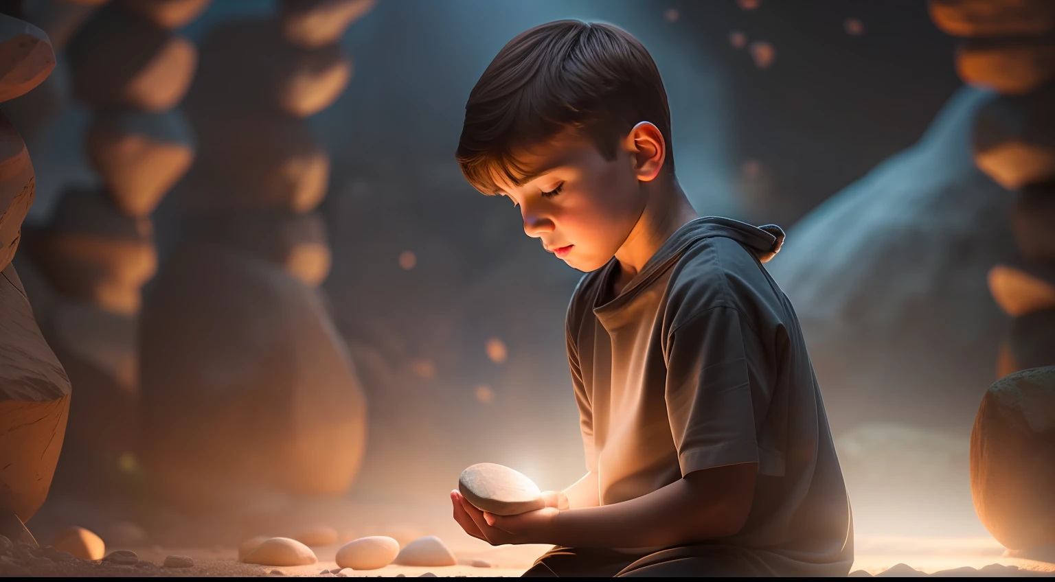 "(Boy holding stone in magical environment with soft lighting and amazing visuals)"