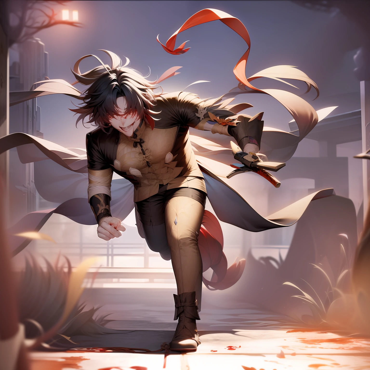 1man, Blade from honkai star rail, run, blood, laughing, crazy, that's running, he running and laughing, interesting composition