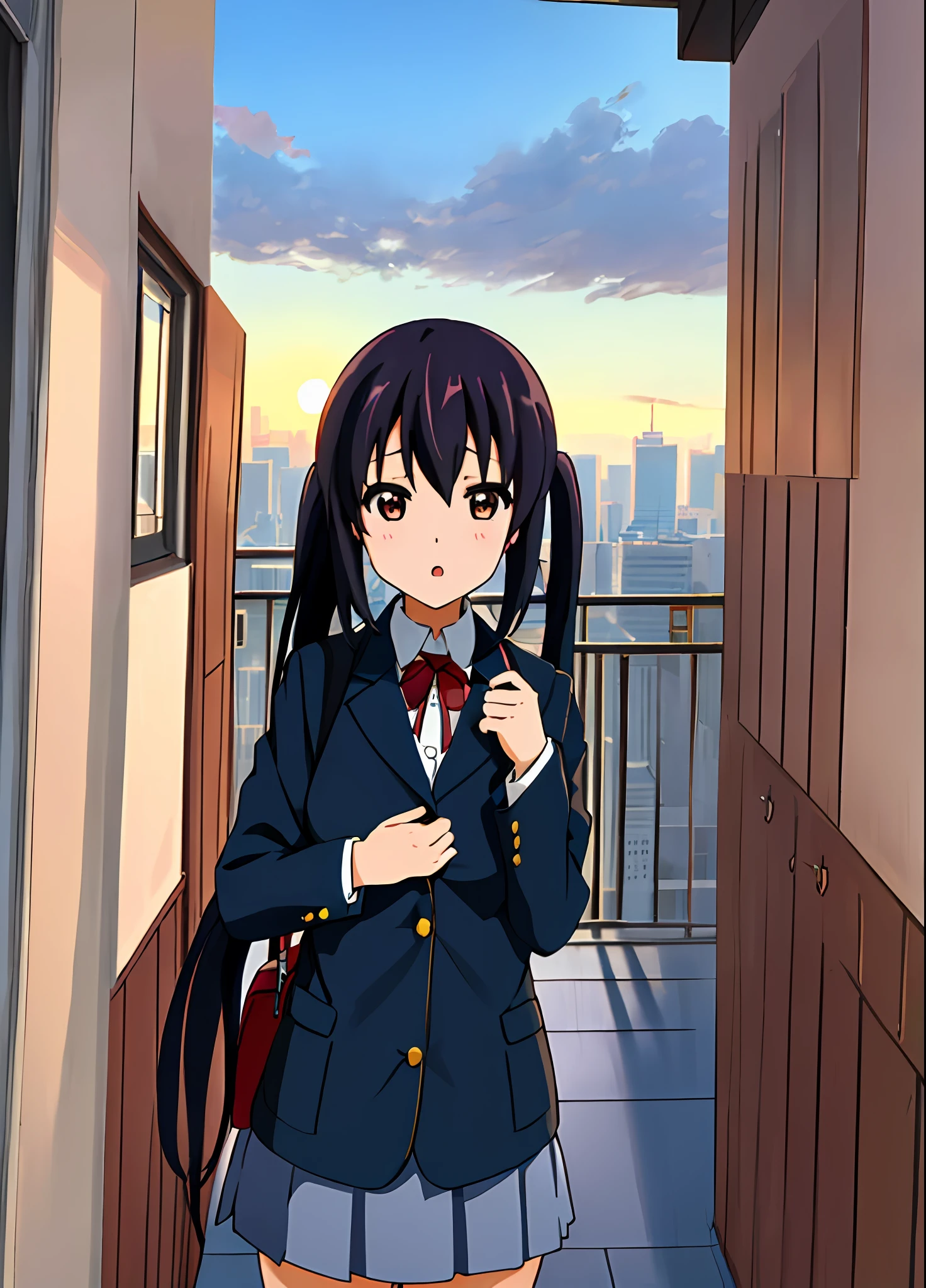 1girl in, (((​masterpiece))), top-quality, top-quality, high details, nakano azusa, 1girl in, Sakuragaoka High School Uniform, student clothes, Twin-tailed, length hair, A dark-haired, Brown-eyed, 独奏, reddish, Dark blue blazer with thin red ribbon, Solid white buttoned shirt under blazer, illustratio, comic strip, Soothing tones, Subdued Color, Soft cinematic light, adobe lightroom, Photolab, nffsw, intricately and hyper-detailed、(((depth of fields))))。(((​masterpiece)))。(((top-quality))).)((ultra-detailliert)))。(((illustratio)))。(((takeout))).Dynamic Focus.big breasts.(((highrise buildings))).(((A city scape))).(((Face of sadness))). Open mouth.(((put hands on the hip))).(((up chest))).((evening glow)).((the setting sun)).