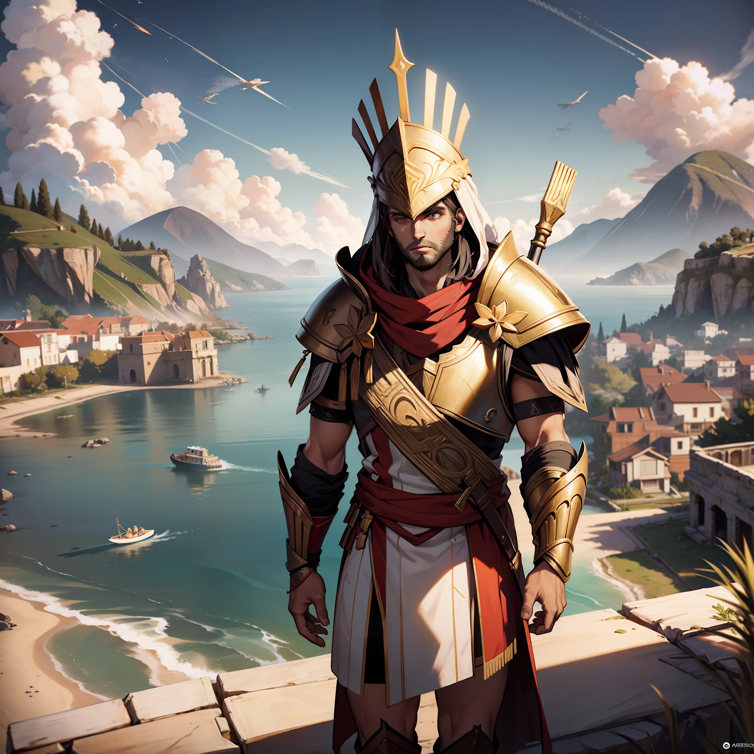 homem, alexios, vestindo armadura grega, odyssey, olhando para o visualizador, Greek houses on the scene, standing on a cliff,, Stars in the sky, olhando para o visualisador, na noite, 4k