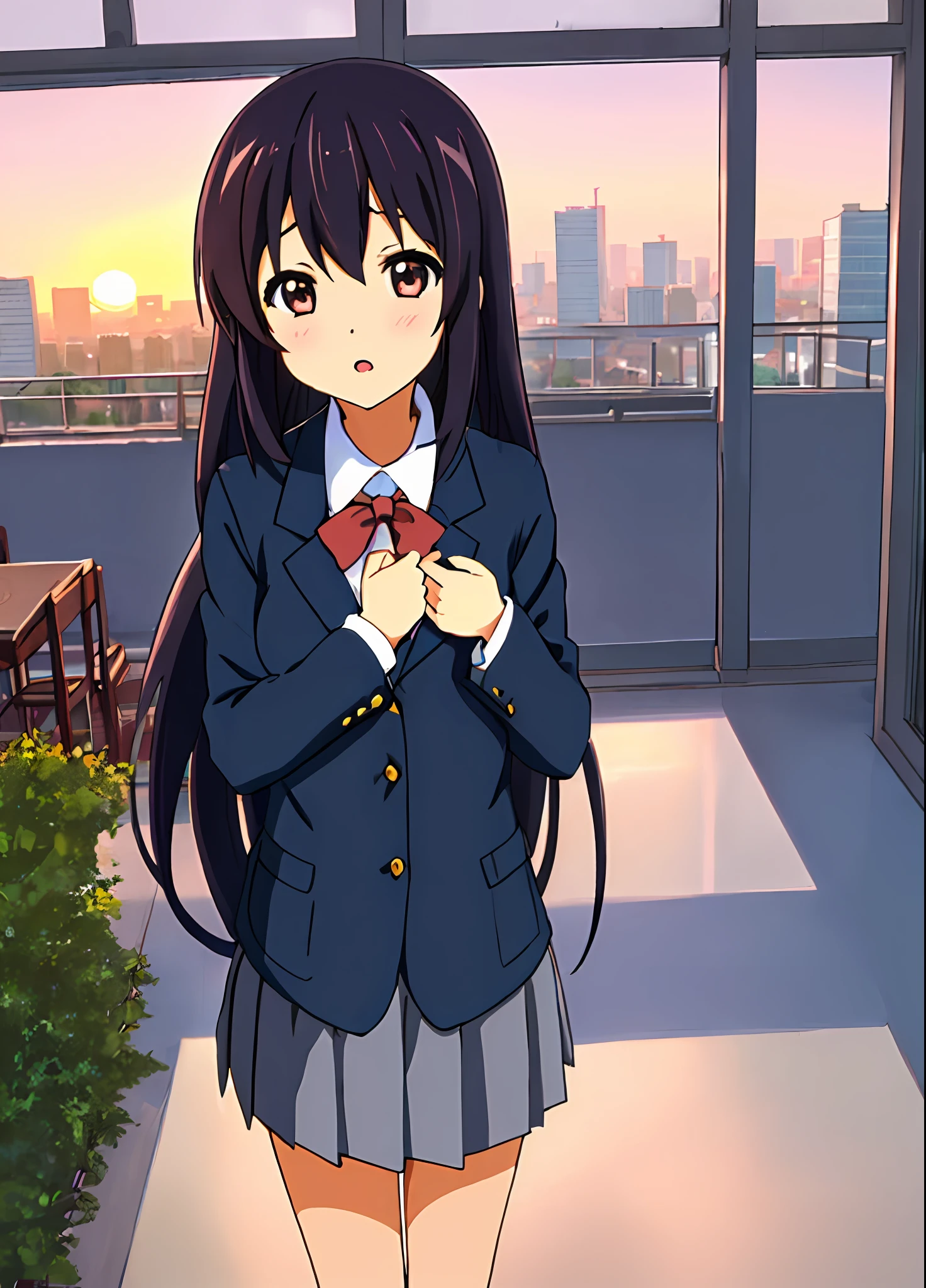 1girl in, (((masterpiece))), top-quality, top-quality, high details, nakano azusa, 1girl in, Sakuragaoka High School Uniform, student clothes, Twin-tailed, length hair, A dark-haired, Brown-eyed, 独奏, reddish, Dark blue blazer with thin red ribbon, Solid white buttoned shirt under blazer, illustratio, comic strip, Soothing tones, Subdued Color, Soft cinematic light, adobe lightroom, Photolab, nffsw, intricately and hyper-detailed、(((depth of fields))))。(((masterpiece)))。(((top-quality))).)((ultra-detailliert)))。(((illustratio)))。(((takeout))).Dynamic Focus.big breasts.(((highrise buildings))).(((A city scape))).(((Face of sadness))). Open mouth.(((put hands on the hip))).(((up chest))).((evening glow)).((the setting sun)).