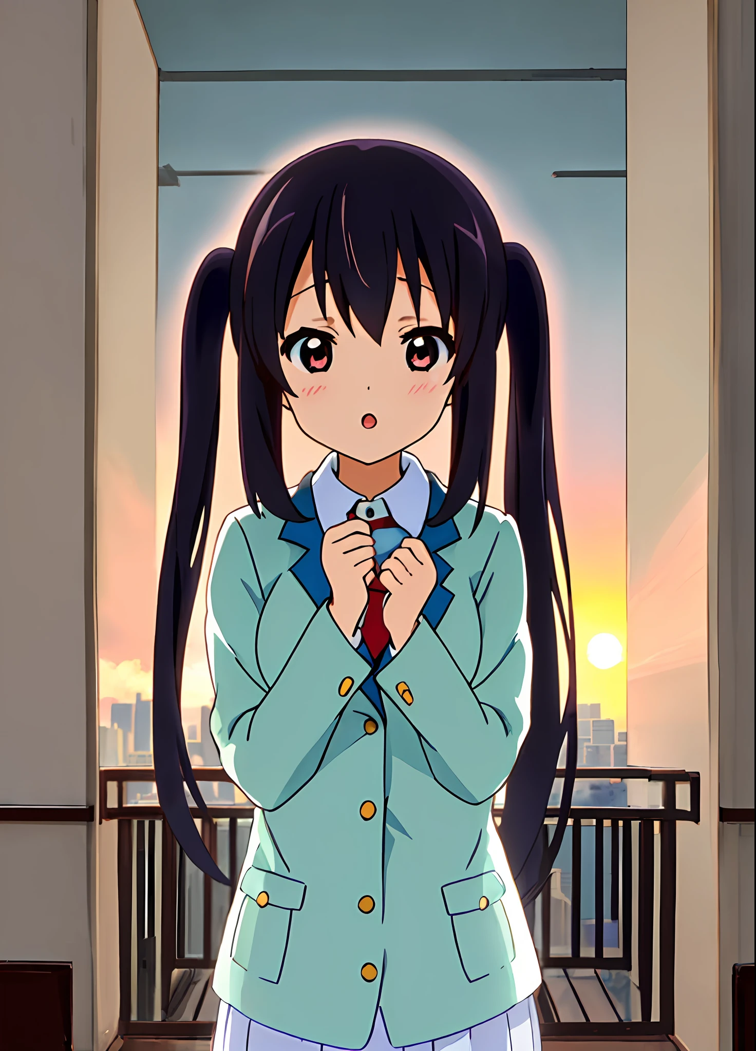 1girl in, (((masterpiece))), top-quality, top-quality, high details, nakano azusa, 1girl in, Sakuragaoka High School Uniform, student clothes, Twin-tailed, length hair, A dark-haired, Brown-eyed, 独奏, reddish, Dark blue blazer with thin red ribbon, Solid white buttoned shirt under blazer, illustratio, comic strip, Soothing tones, Subdued Color, Soft cinematic light, adobe lightroom, Photolab, nffsw, intricately and hyper-detailed、(((depth of fields))))。(((masterpiece)))。(((top-quality))).)((ultra-detailliert)))。(((illustratio)))。(((takeout))).Dynamic Focus.big breasts.(((highrise buildings))).(((A city scape))).(((Face of sadness))). Open mouth.(((put hands on the hip))).(((up chest))).((evening glow)).((the setting sun)).