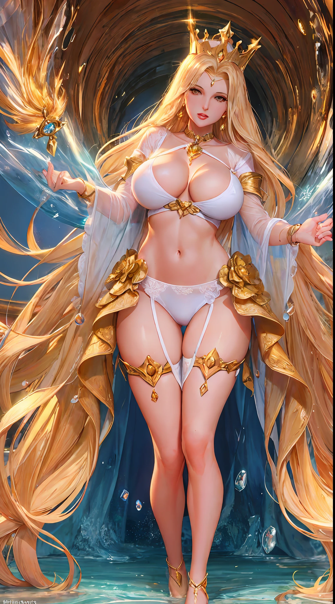 Arad woman in white bikini and gold crown standing in the tunnel,cinematic goddess body shot,Goddess of Light,the sailor galaxia。big breasts beautiful,Heavenly Goddess,a beautiful fantasy empress,The goddess of gold,as the goddess of the sun,Goddess of the sun,Movie goddess shots,golden goddess athena,Full body CGsociety,seminude