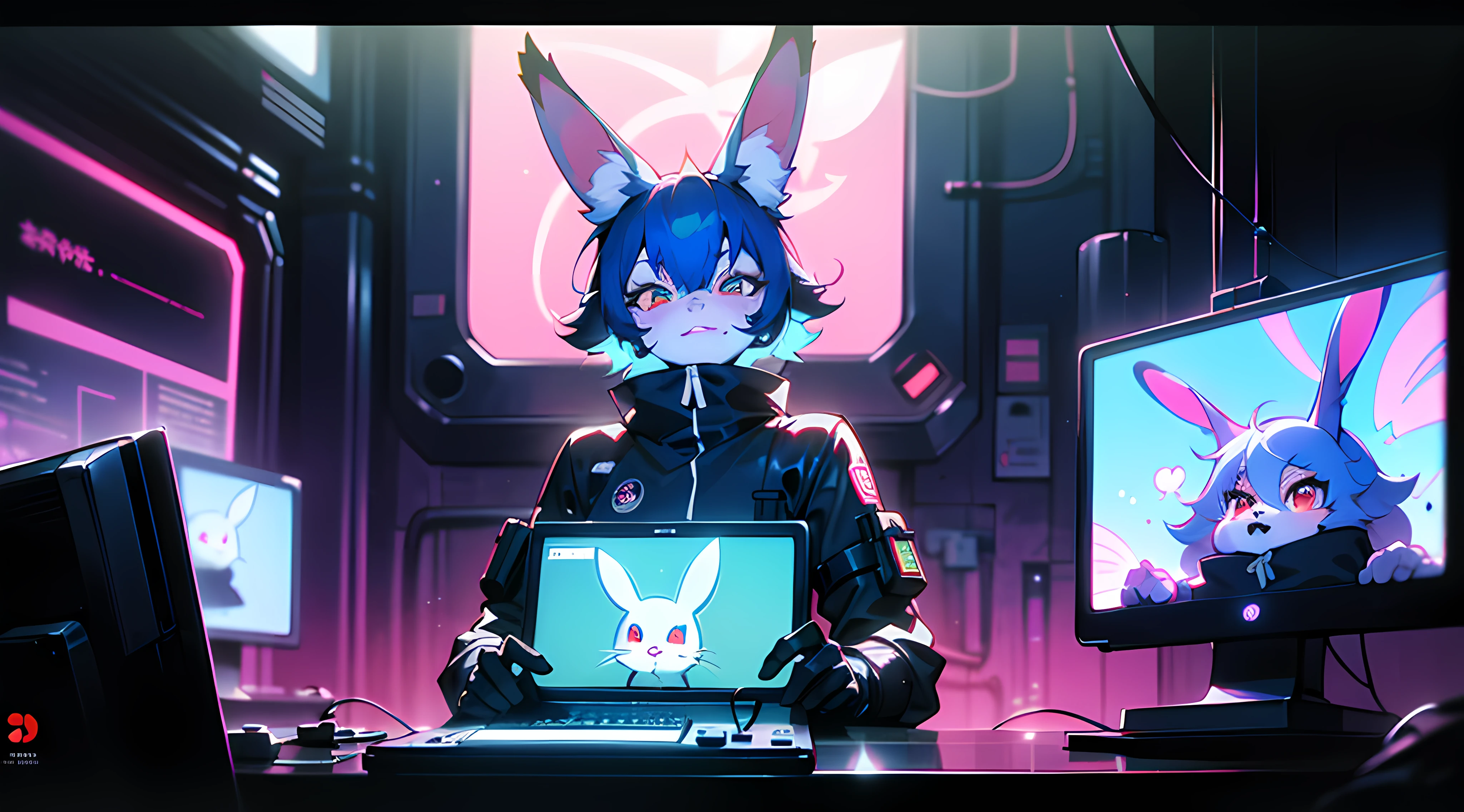 crt vhs screencap of a cel animation still from a 1980s neon dystopian anime about a cyberpunk anthro kemono furry blue rabbit girl who patrols the streets looking for criminal robots, cyberpunk art by Josan Gonzalez, behance contest winner, afrofuturism, synthwave, neon, glowing neon, (blame! style abandoned tech landscape), (Zen, Amy Sol style), (((beats to relax/study to))), (((Lofi anthro kemono blue-furred rabbit girl in power armor sitting in metal chair behind computer terminal, behind giant glass terminal screen, beats to relax/study to))), (((blue kemono beastars furry rabbit anime hacker with small soft furry paws))), (((suspended glass cyberpunk computer terminals with robot rabbit in background))), ((glowing cyberdeck screens)), (underground, dark, foggy, perilous, abandoned dystopian apartment bedroom, deep windows), (abstract anthro rabbit figure wearing bunny ears), cover art with light abstraction, abstract, simple vector art, contemporary Cybernetic art, color gradients, soft color palettes, layered forms, whimsical animation, style Ethereal abstract, 4K, --v6