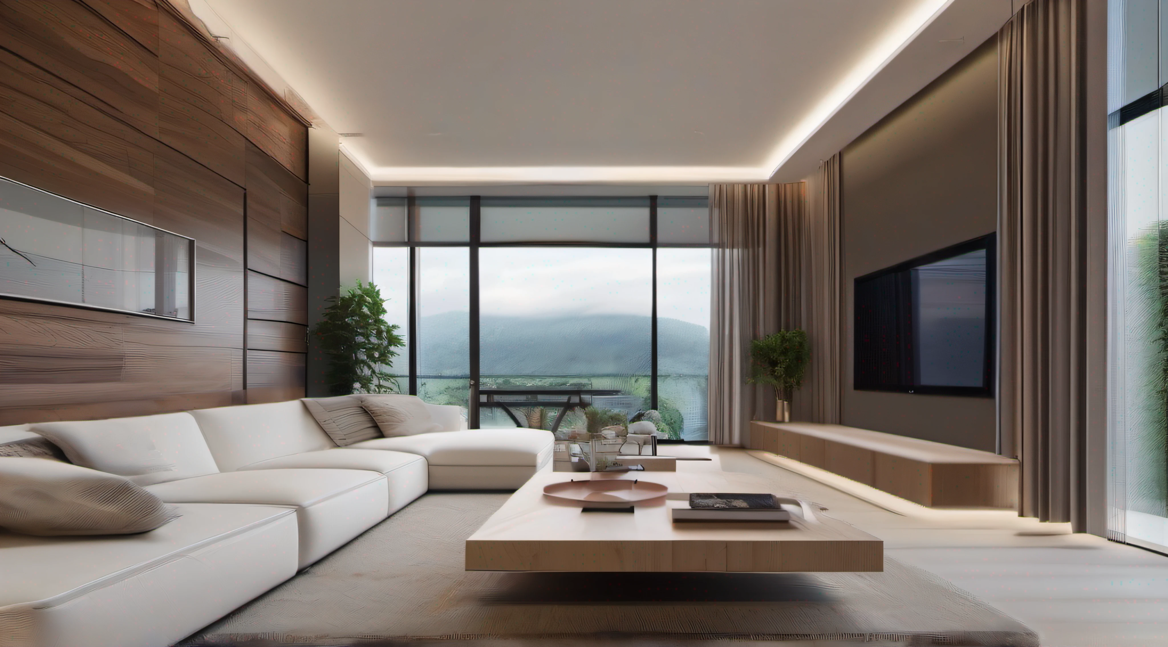 modern living room，White sofa，Wood-colored coffee table，TV background wall，tvp，floor to ceiling window，the soft light，Greenery，minimal style，ultra-modern，tmasterpiece，A high resolution，16k