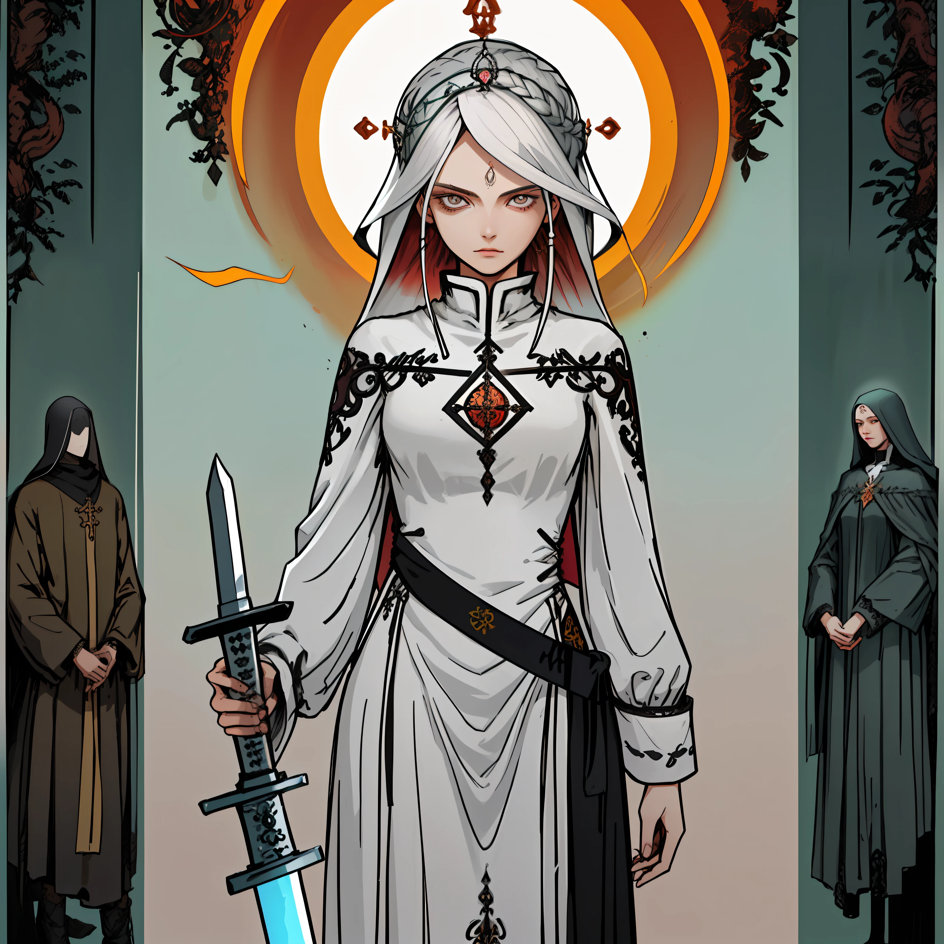 Garota pele clara,cabelo longo preto,olhos escuros,roupa de monje, espadachin, corpo inteiro, with a mystical long sword.