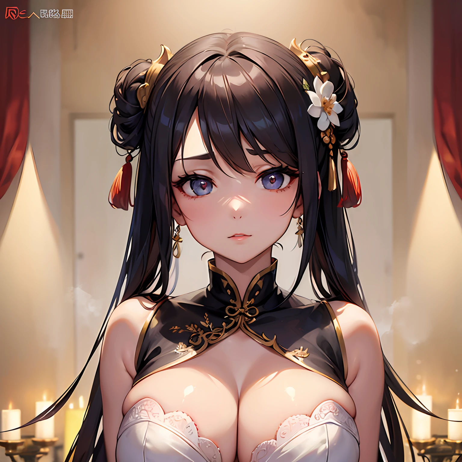 breast curtains, china dress, areola slip, (best quality:1.0), (8k wallpaper:1.0), extremely delicate and beautiful, (beautiful detailed face:1.0), (detailed deep eyes), symmetrical breasts, deep eyes, steam, shiny skin, looking at viewer, portrait, front view