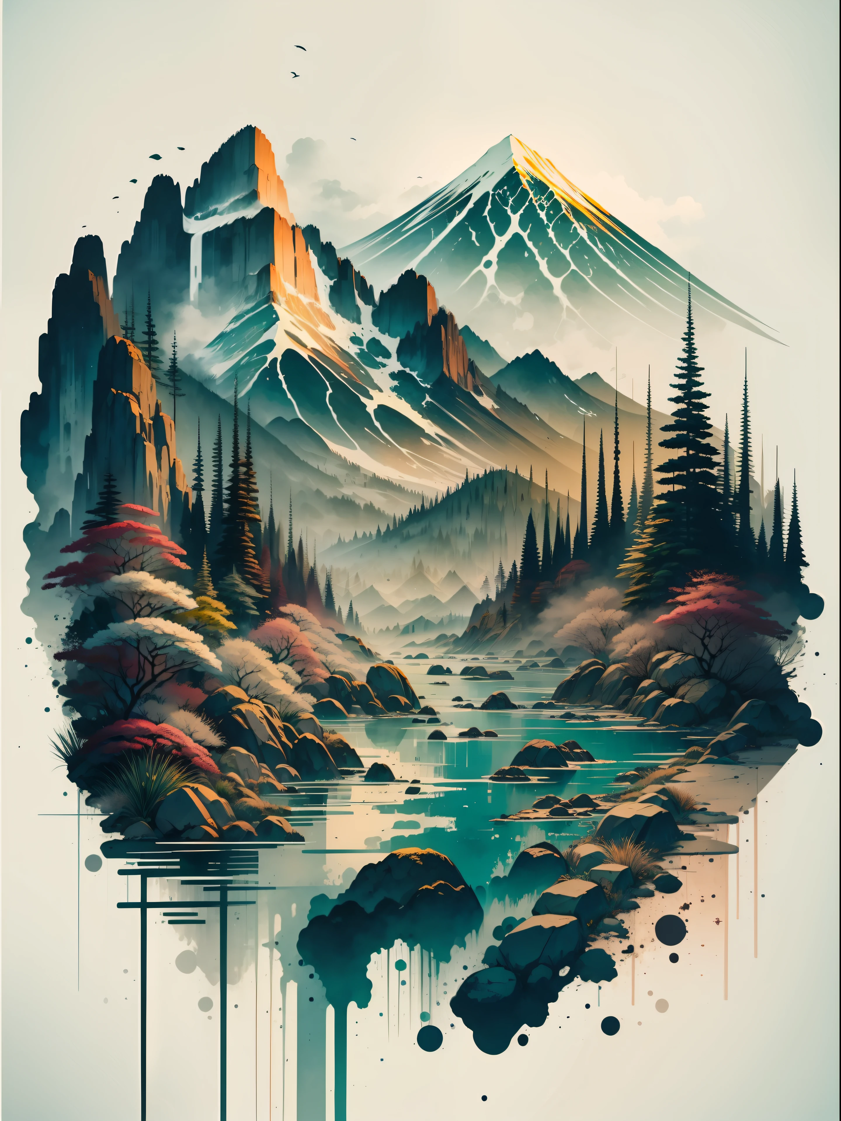 white background, scenery, ink, mountains, water, trees