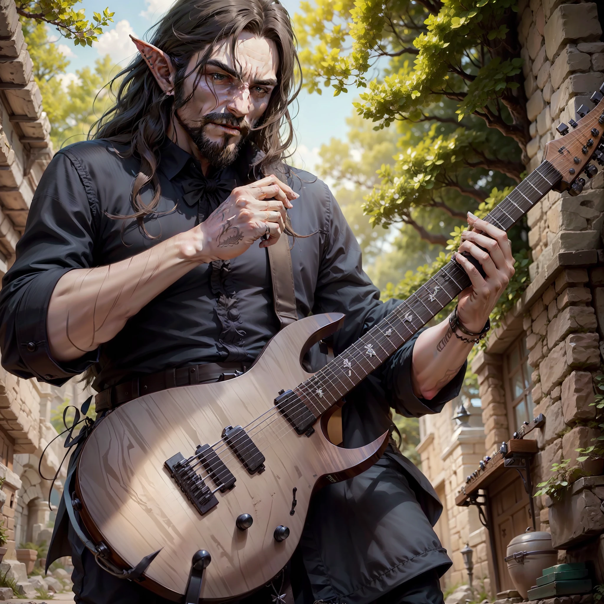 Full-body low-angle shot of an intimidating male elf sorcerer bard playing guitar while standing, d&Estilo d, Elfo Masculino, cabelos pretos, altamente detalhado, alta qualidade, cabelo curto masculino, Rosto adulto, perfect hands, (master part), best quality, barba fina