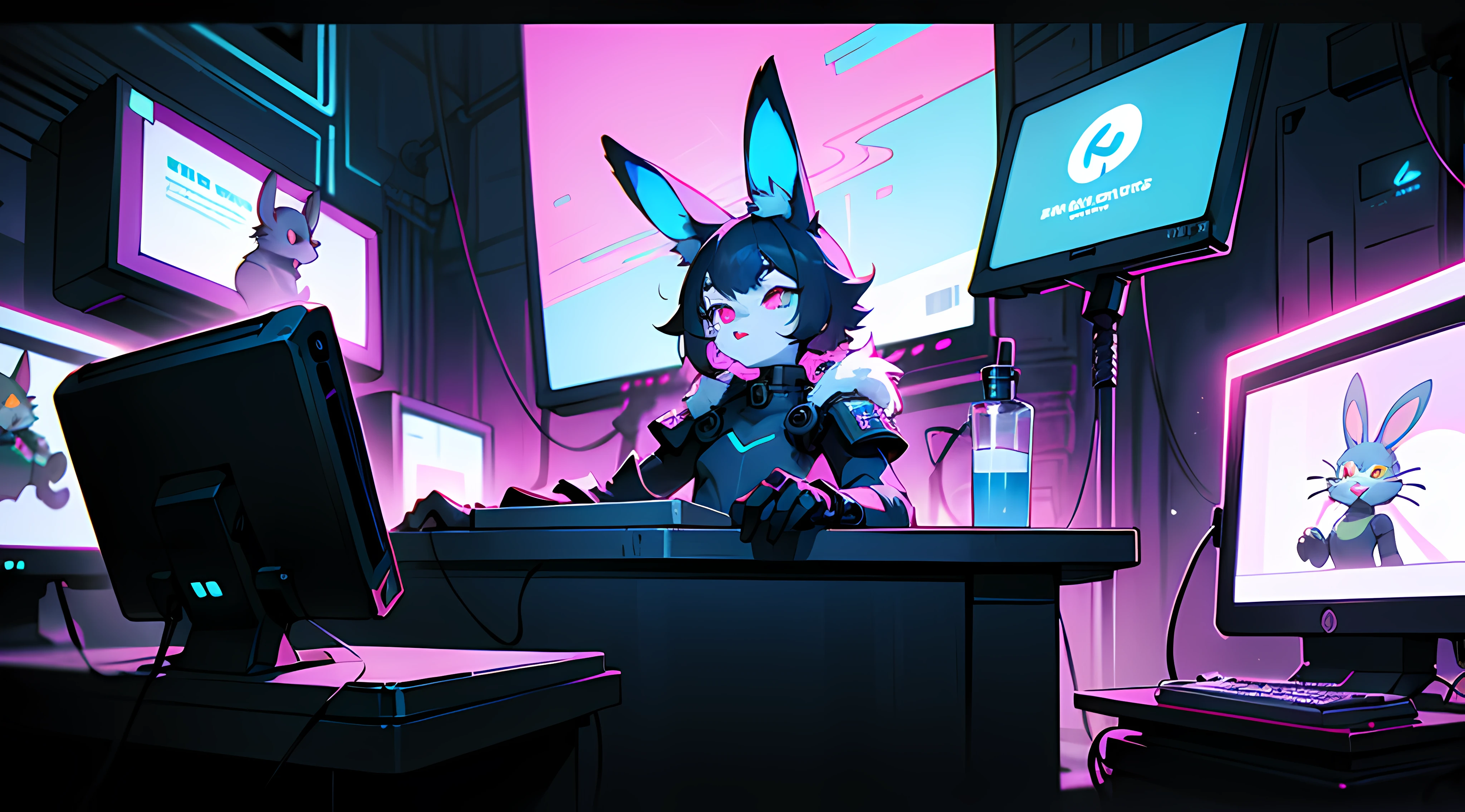 crt vhs screencap of a cel animation still from a 1980s neon dystopian anime about a cyberpunk anthro kemono furry blue rabbit girl who patrols the streets looking for criminal robots, cyberpunk art by Josan Gonzalez, behance contest winner, afrofuturism, synthwave, neon, glowing neon, (blame! style abandoned tech landscape), (Zen, Amy Sol style), (((beats to relax/study to))), (((Lofi anthro kemono blue-furred rabbit girl in power armor sitting in metal chair behind computer terminal, behind giant glass terminal screen, beats to relax/study to))), (((blue kemono beastars furry rabbit anime hacker with small soft furry paws))), (((suspended glass cyberpunk computer terminals with robot rabbit in background))), ((glowing cyberdeck screens)), (underground, dark, foggy, perilous, abandoned dystopian apartment bedroom, deep windows), (abstract anthro rabbit figure wearing bunny ears), cover art with light abstraction, abstract, simple vector art, contemporary Cybernetic art, color gradients, soft color palettes, layered forms, whimsical animation, style Ethereal abstract, 4K, --v6