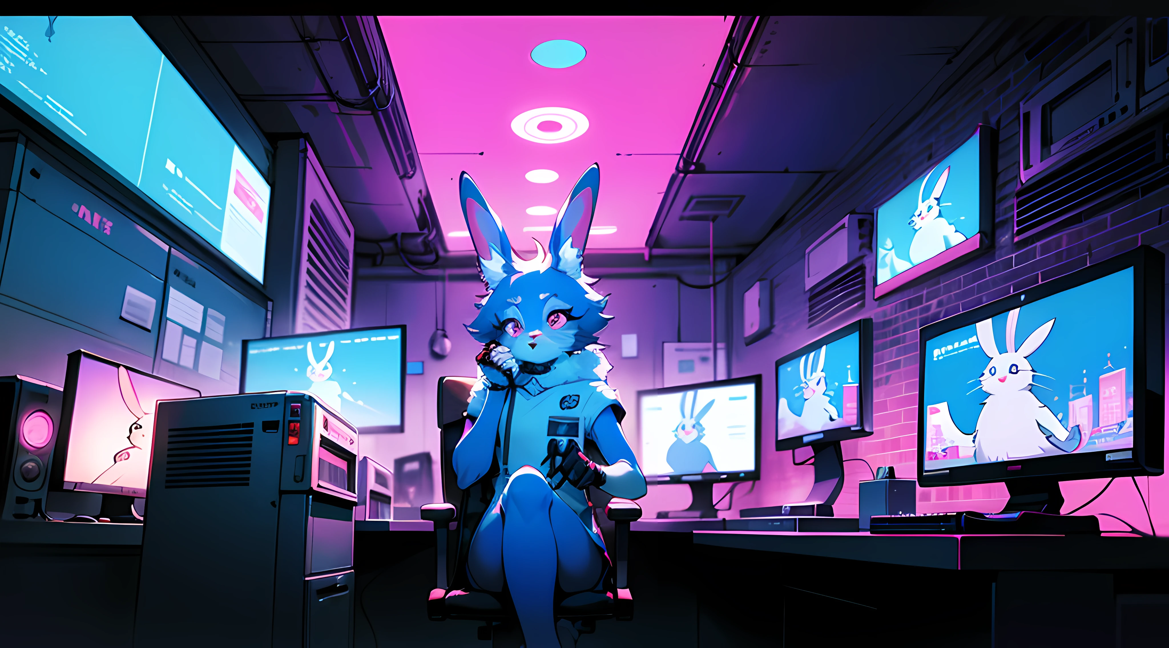 crt vhs screencap of a cel animation still from a 1980s neon dystopian anime about a cyberpunk anthro kemono furry blue rabbit girl who patrols the streets looking for criminal robots, cyberpunk art by Josan Gonzalez, behance contest winner, afrofuturism, synthwave, neon, glowing neon, (blame! style abandoned tech landscape), (Zen, Amy Sol style), (((beats to relax/study to))), (((Lofi anthro kemono blue-furred rabbit girl in power armor sitting in metal chair behind computer terminal, behind giant glass terminal screen, beats to relax/study to))), (((blue kemono beastars furry rabbit anime hacker with small soft furry paws))), (((suspended glass cyberpunk computer terminals with robot rabbit in background))), ((glowing cyberdeck screens)), (underground, dark, foggy, perilous, abandoned dystopian apartment bedroom, deep windows), (abstract anthro rabbit figure wearing bunny ears), cover art with light abstraction, abstract, simple vector art, contemporary Cybernetic art, color gradients, soft color palettes, layered forms, whimsical animation, style Ethereal abstract, 4K, --v6