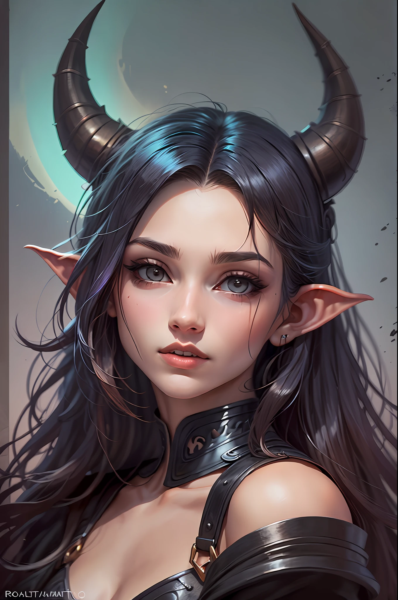 uma Tiefling de cabelo preto longo e cacheado sentada em uma cadeira, rosto bonito, cabelo preto, arte detalhada, arte fantasia, arte medieval, alto detalhe