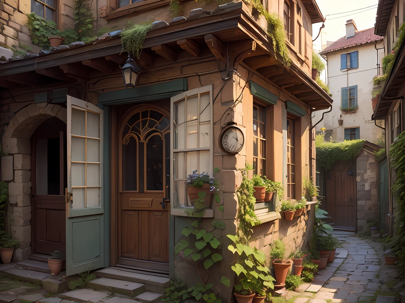 leica_style, hilly terrain, old flimsy shabby steampunk townhouse, overgrown, highly detailed, extremely sharp focus, closeup, bokeh background, art nouveau