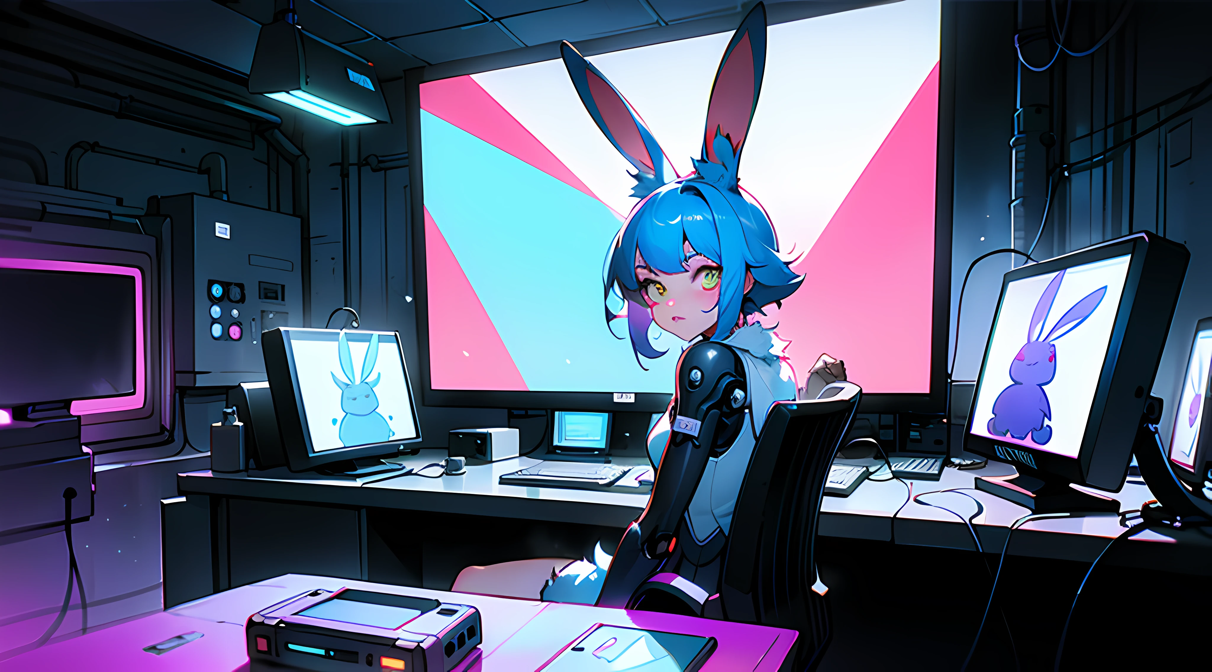 crt vhs screencap of a cel animation still from a 1980s neon dystopian anime about a cyberpunk anthro kemono furry blue rabbit girl who patrols the streets looking for criminal robots, cyberpunk art by Josan Gonzalez, behance contest winner, afrofuturism, synthwave, neon, glowing neon, (blame! style abandoned tech landscape), (Zen, Amy Sol style), (((beats to relax/study to))), (((Lofi anthro kemono blue-furred rabbit girl in power armor sitting in metal chair behind computer terminal, behind giant glass terminal screen, beats to relax/study to))), (((blue kemono beastars furry rabbit anime hacker with small soft furry paws))), (((suspended glass cyberpunk computer terminals with robot rabbit in background))), ((glowing cyberdeck screens)), (underground, dark, foggy, perilous, abandoned dystopian apartment bedroom, deep windows), (abstract anthro rabbit figure wearing bunny ears), cover art with light abstraction, abstract, simple vector art, contemporary Cybernetic art, color gradients, soft color palettes, layered forms, whimsical animation, style Ethereal abstract, 4K, --v6