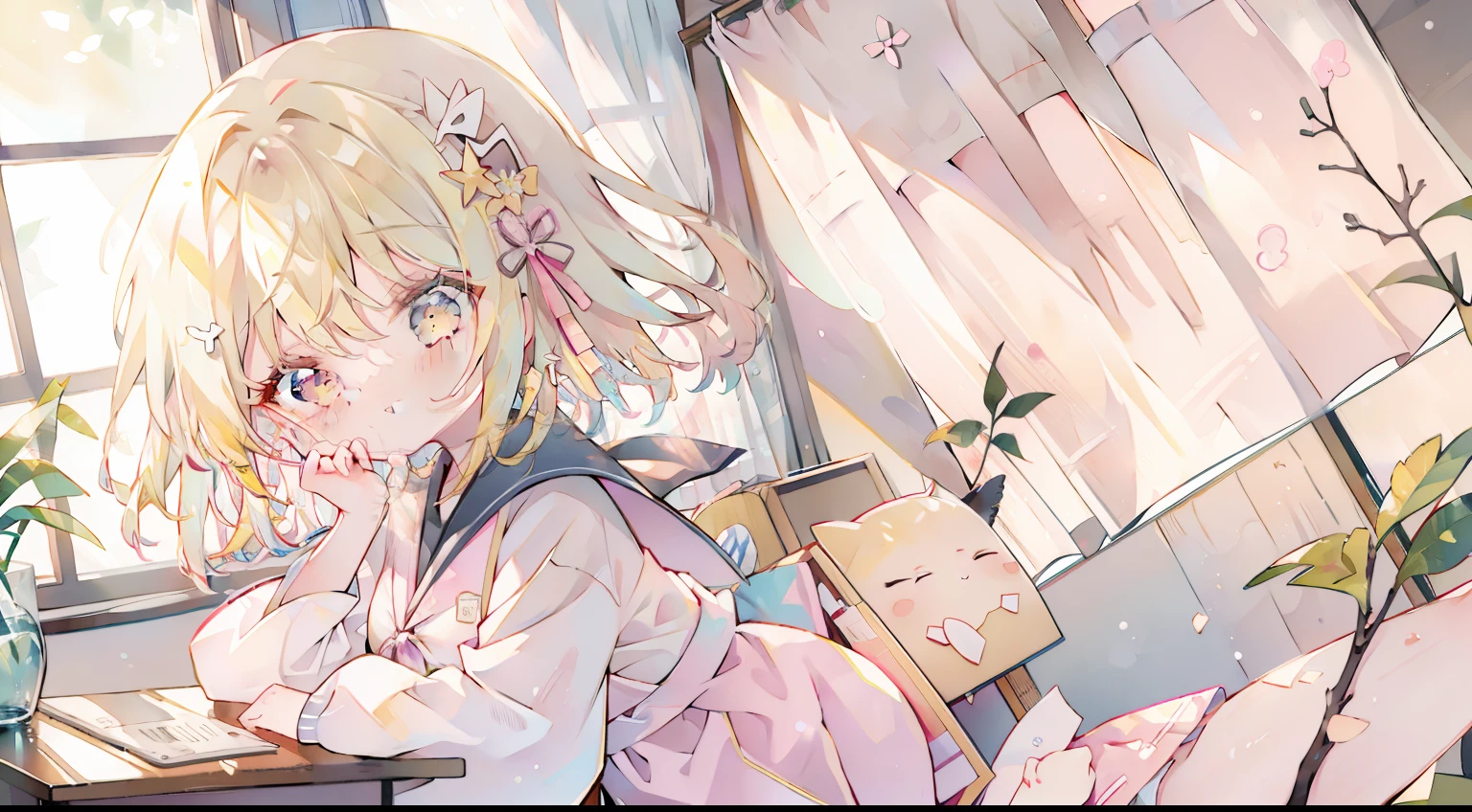 One girl、cute little、Yellow hair、Pink eyes、校服、‎Classroom、school、