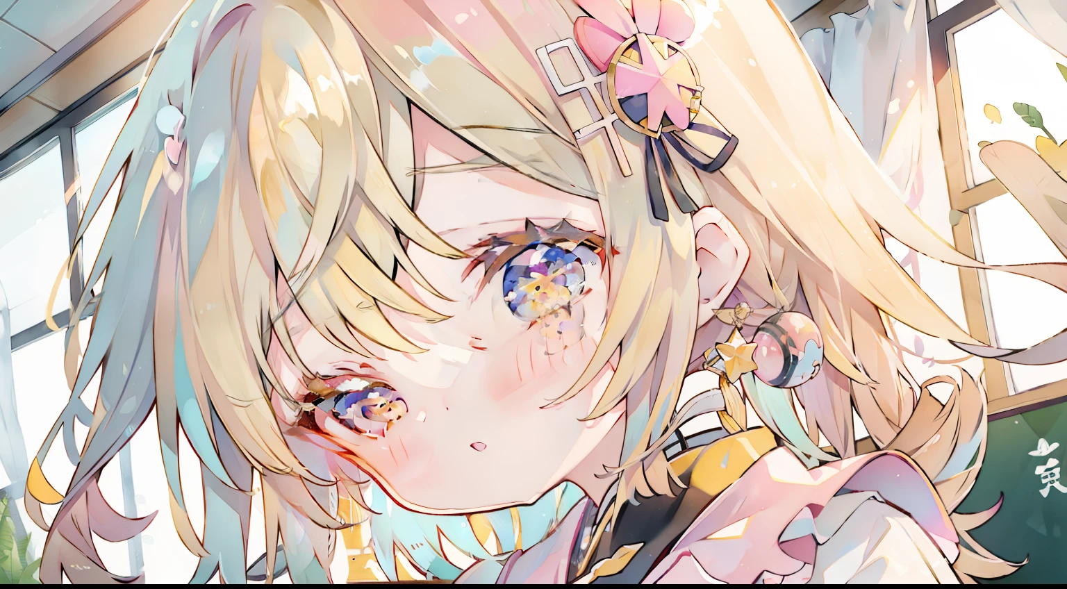 One girl、cute little、Yellow hair、Pink eyes、校服、‎Classroom、school、