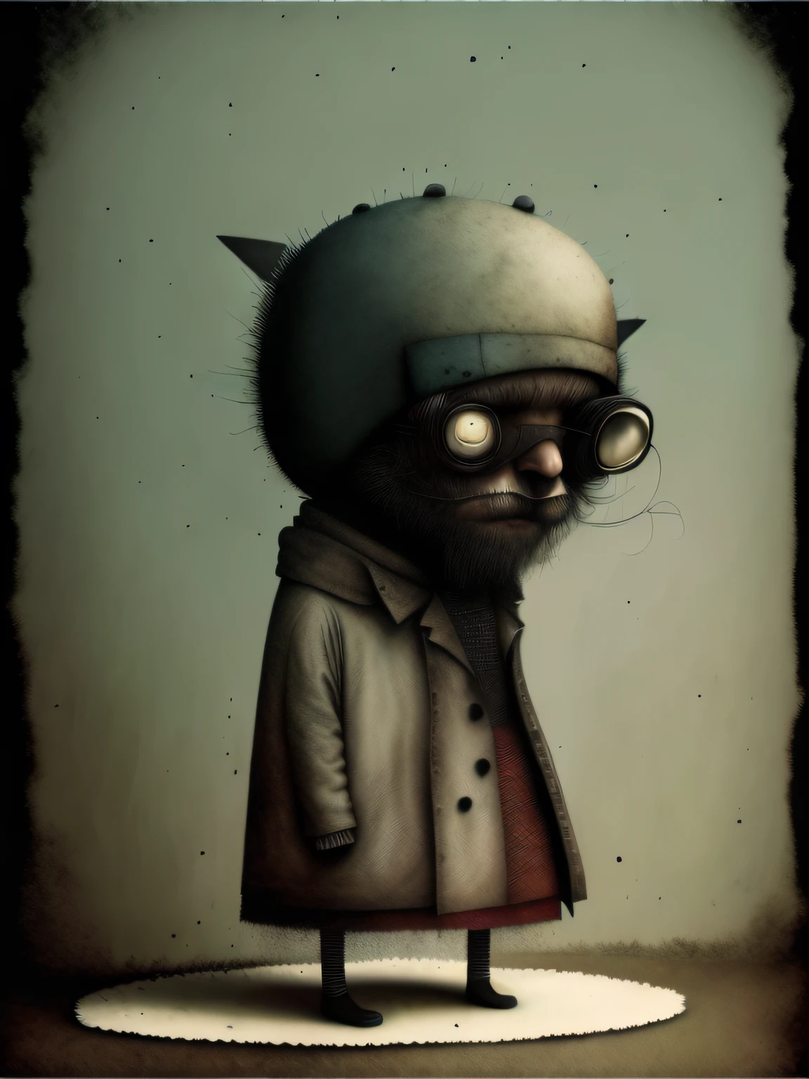 Tres personajes de dibujos animados vestidos con abrigos y sombreros se paran juntos, Anton Semenov, Personajes de Maquinarium, Pupilas dot, Tres ojos, Seis de Little Nightmares, 3 cabezales, Tres cabezas, sonrisas espeluznantes, Tres ojos, Somber, por Yi Inmun, por Tadeusz Brzozowski, pocos globos oculares, horripilante!!, Arte conceptual post grunge