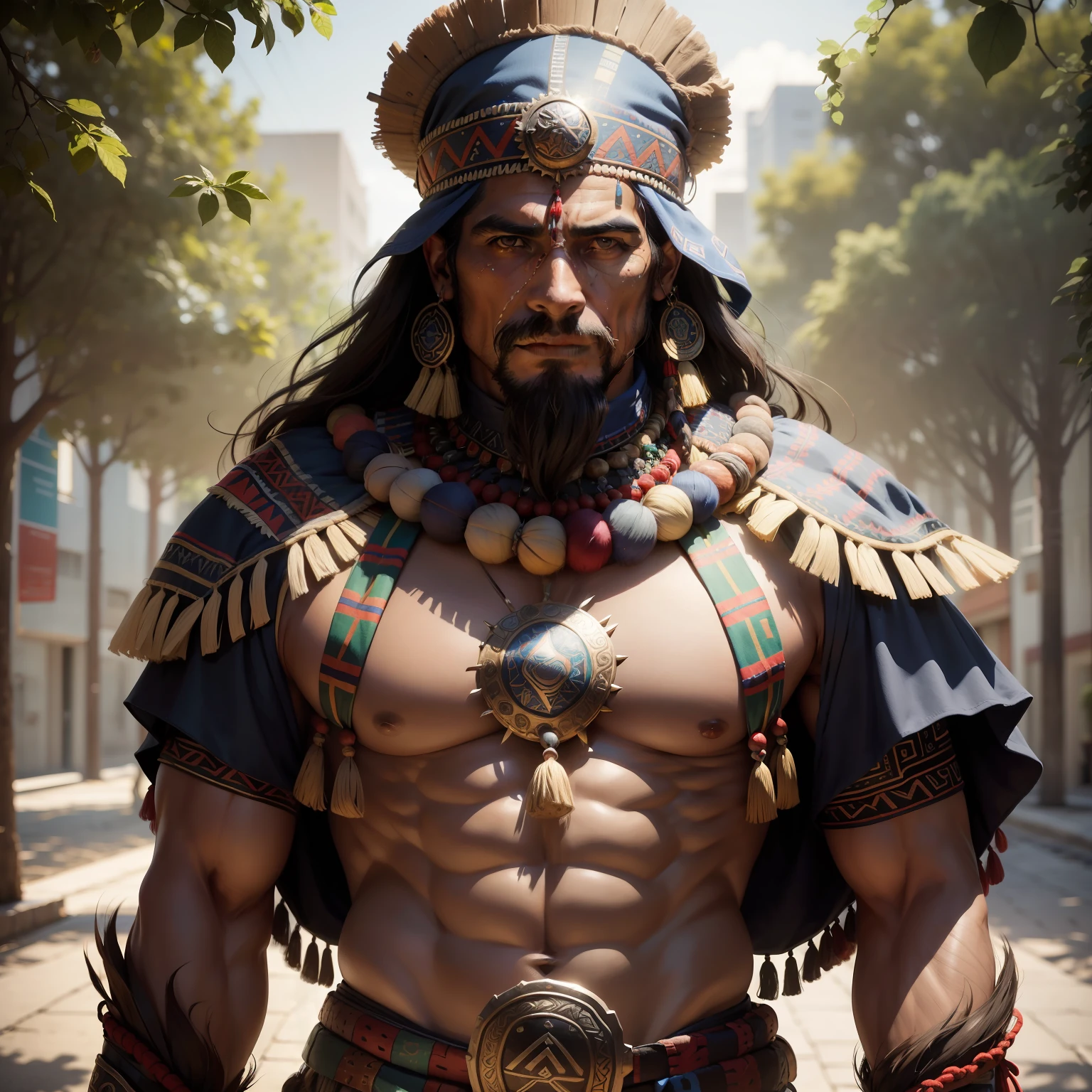 Homem, centro americano, musculoso, Aztec Shaman's Clothing, fundo de uma floresta sombria, 4K resolution,
