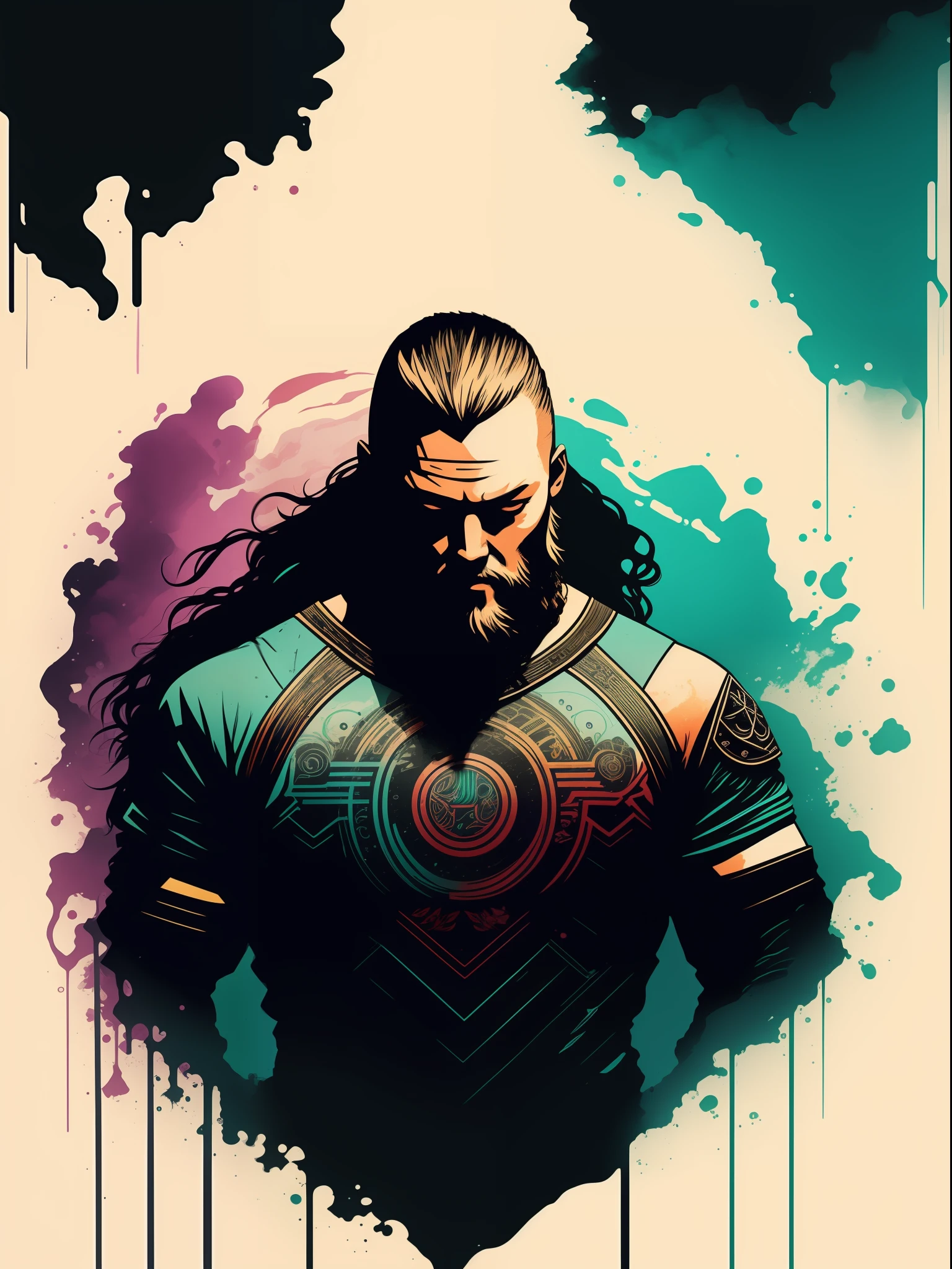 ragnar lothbrok, 2D t-shirt art, Cyberpunk, epic illustration, vector, 2d illustration, black background, very colorful, full gradient modern colors, Focused, front view