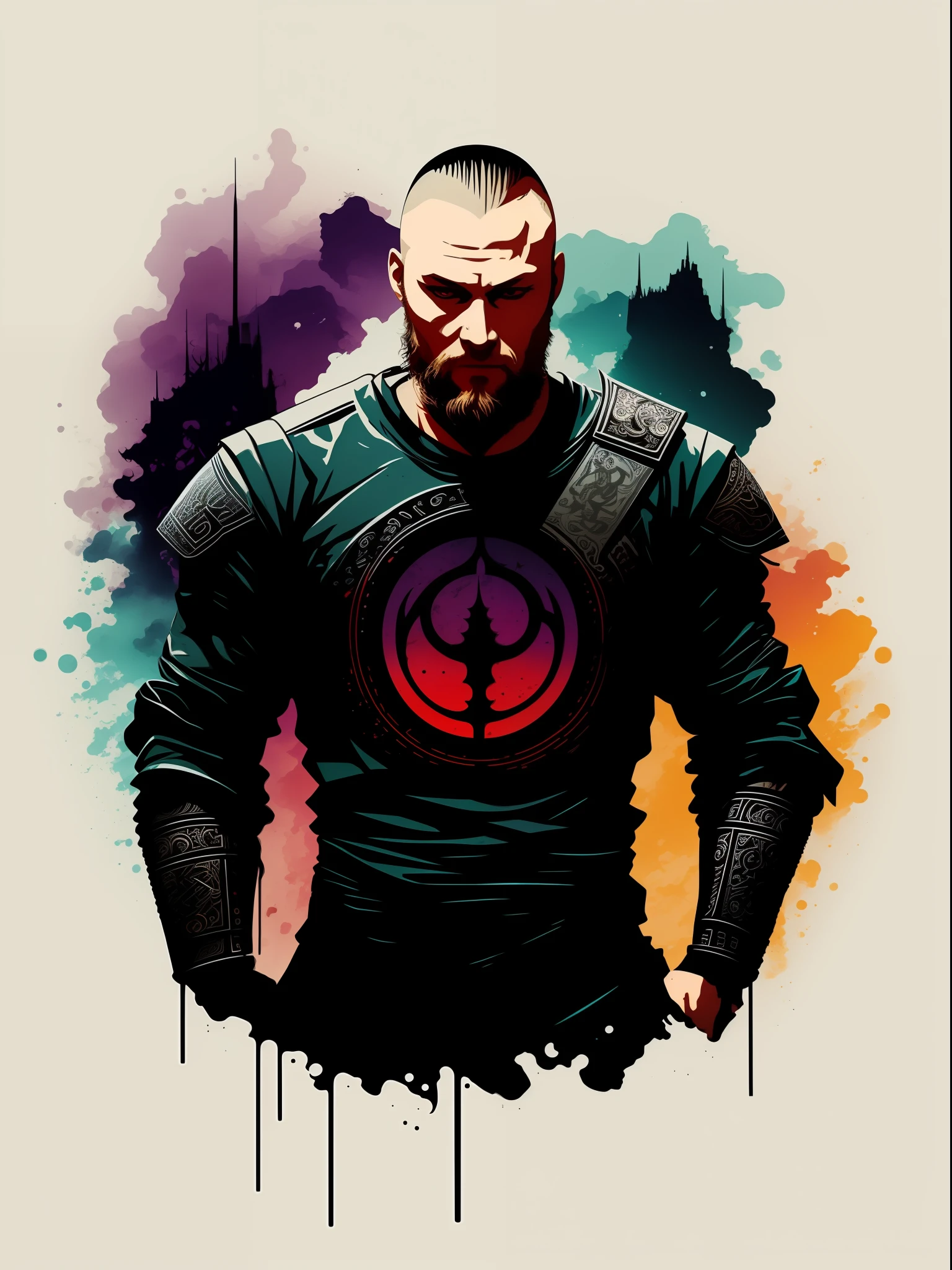 ragnar lothbrok, 2D t-shirt art, Cyberpunk, epic illustration, vector, 2d illustration, black background, very colorful, full gradient modern colors, Focused, front view