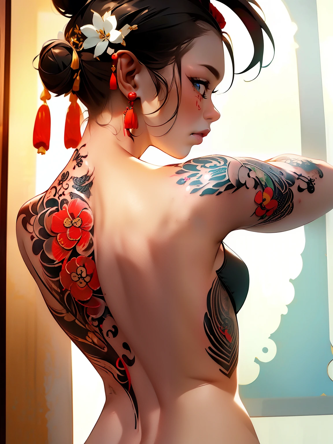 (masterpiece best quality:1.4),1girl, (tattoo of chinese text:1.5), solo, back tattoo, hair flowers, long hair, blue eyes, looking at viewer,back tattoo,tattoo,looking back, from behind, black hair, tassel, bare shoulders, hanfu, chinese clothes,back, bangs, upper body, earrings, indoors, nape, off shoulder, jewelry, eyelashes, lips, back focus, profile, hair bun, sliding doors, piercing, single hair bun,