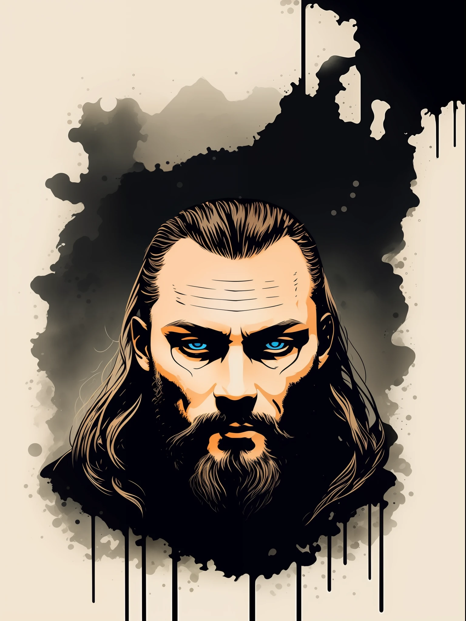 ragnar lothbrok, t-shirt art, 2D, ((black background :1, 5)), vector, vivid colors, masterpiece, best quality, intricate details, perfect symmetrical face, realistic details, gothic theme, rim light, moonlight, cinematic shading, Greg Rutkowisk