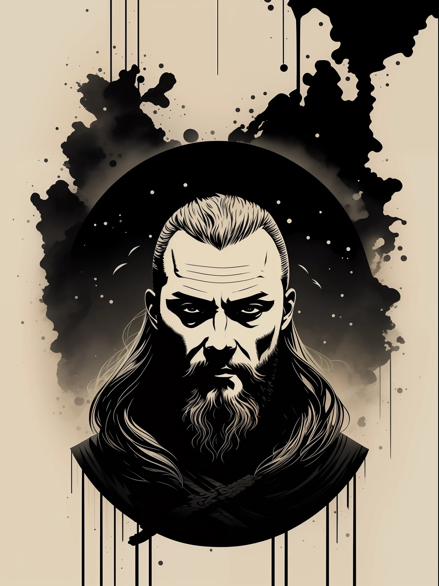 ragnar lothbrok, t-shirt art, 2D, ((black background :1, 5)), vector, vivid colors, masterpiece, best quality, intricate details, perfect symmetrical face, realistic details, gothic theme, rim light, moonlight, cinematic shading, Greg Rutkowisk