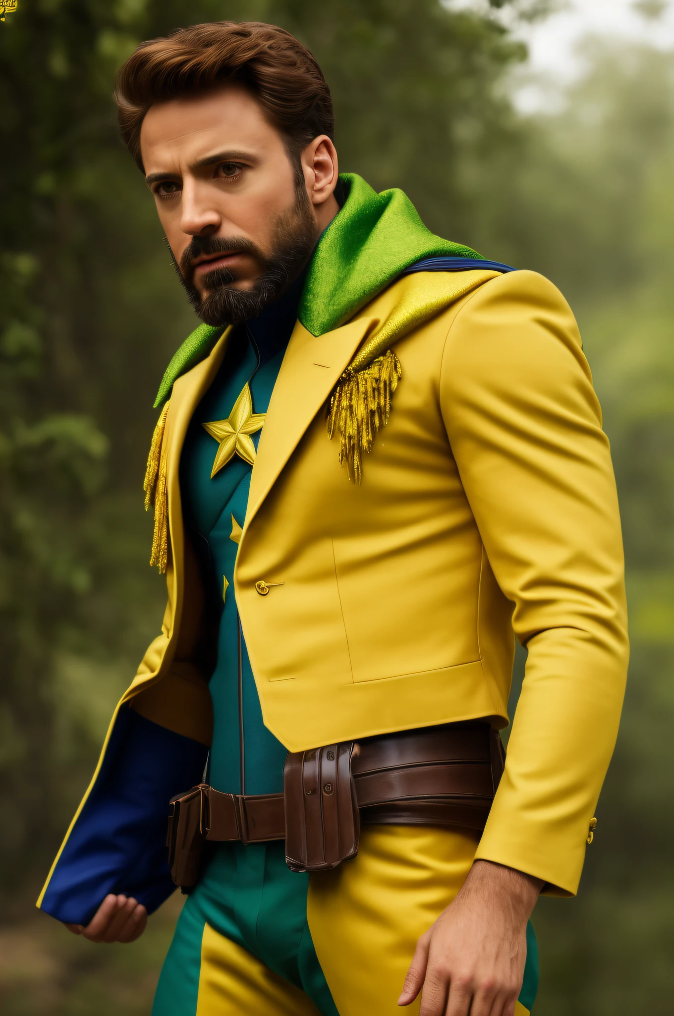 foto extremamente detalhada um homem (sem barba) Wearing Captain America's Armor, traje com as cores (verde e amarela), photoshoot modelo, 8k UHD, ultra detalhado, fotografia RAW