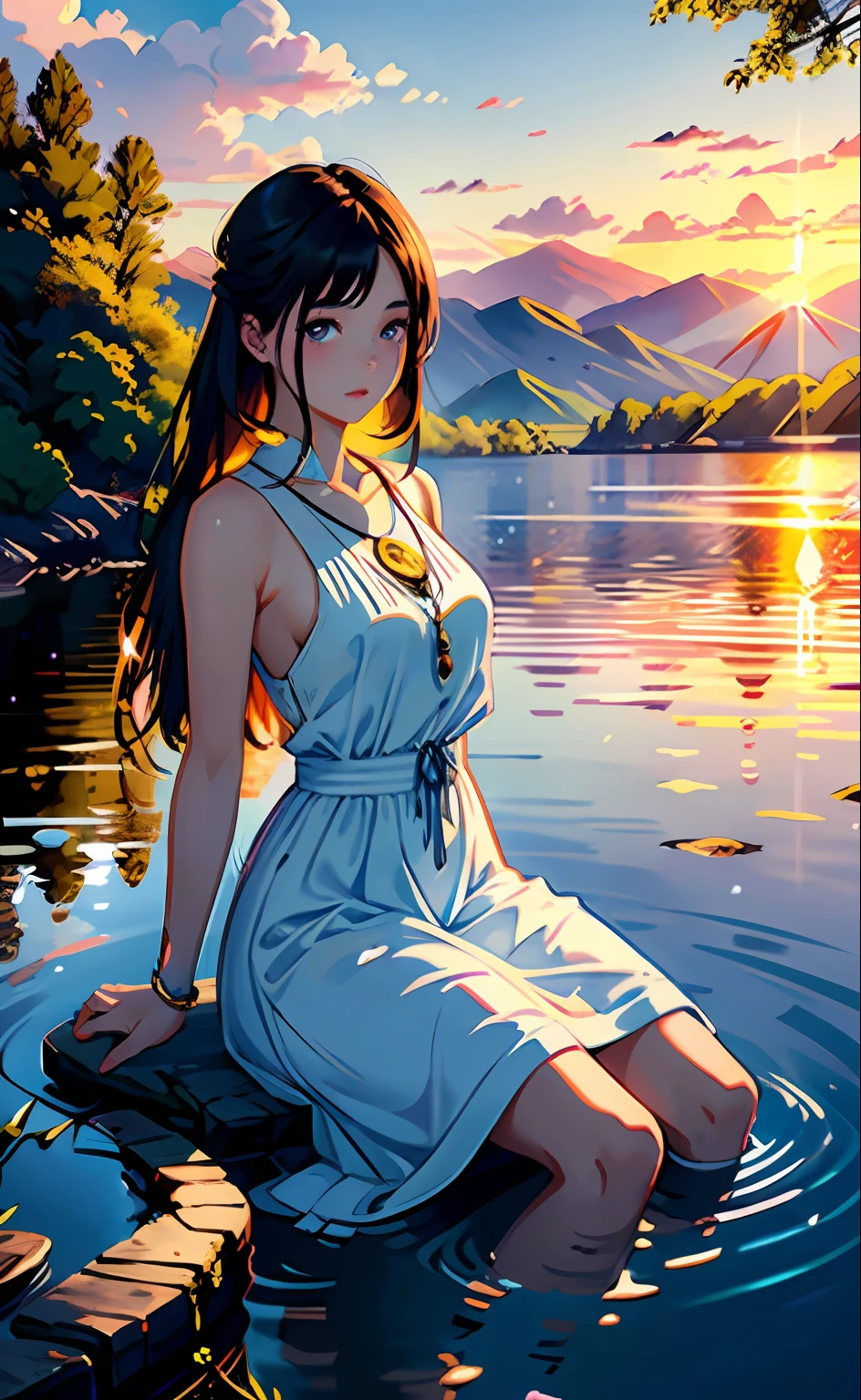 1 girl, serene expression, mesmerizing eyes, straight long hair, flowing dress, poised posture, porcelain skin, subtle blush, crystal pendant
BREAK
golden hour, (rim lighting):1.2, warm tones, sun flare, soft shadows, vibrant colors, painterly effect, dreamy atmosphere
BREAK
scenic lake, distant mountains, willow tree, calm water, reflection, sunlit clouds, peaceful ambiance, idyllic sunset, ultra detailed, official art, unity 8k wallpaper
, zentangle, mandala