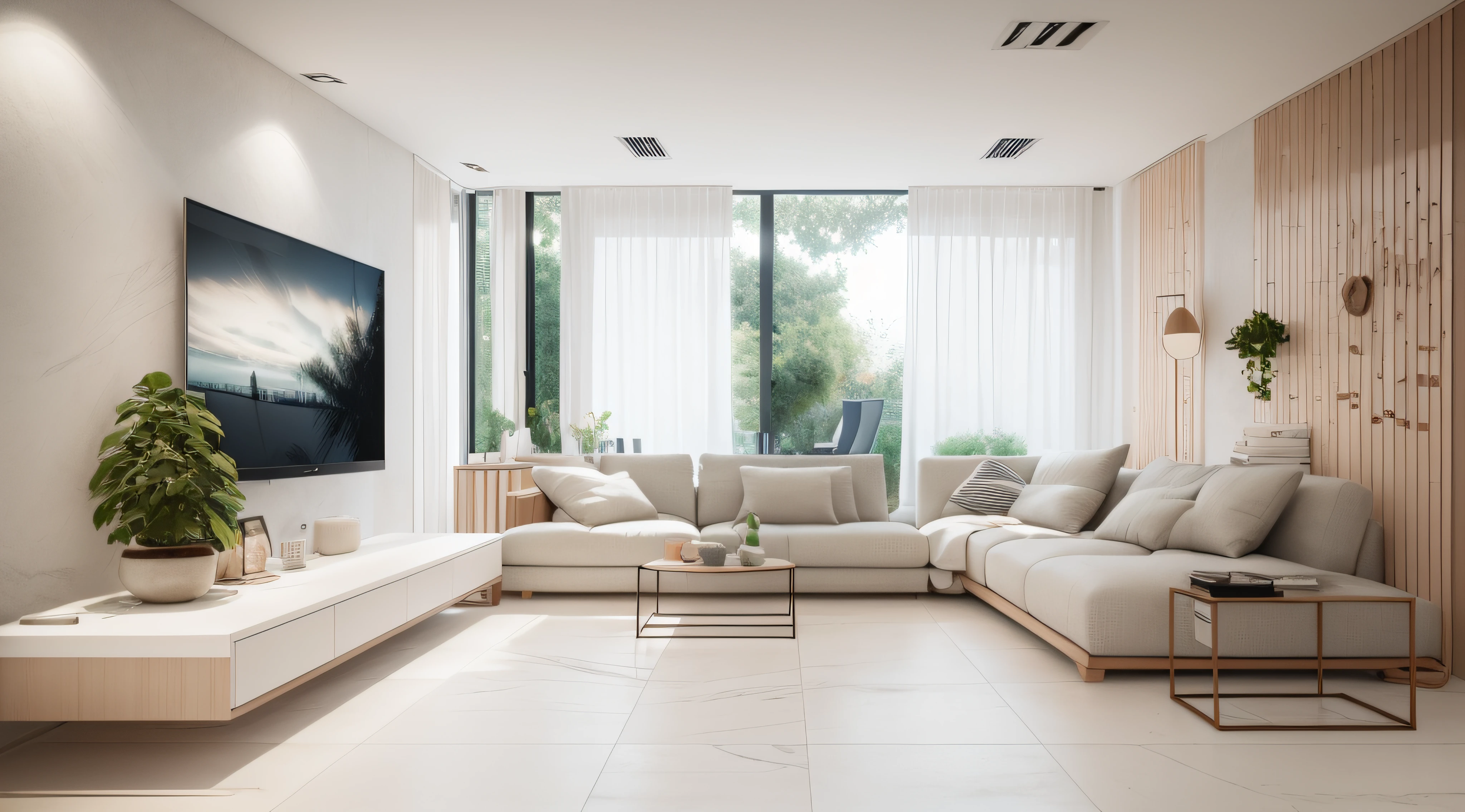Modern living room,White sofa,Wooden coffee table,TV background wall,tvp,floor to ceiling window,the soft light,Greenery,minimal style,ultra-modern,tmasterpiece,A high resolution,16k