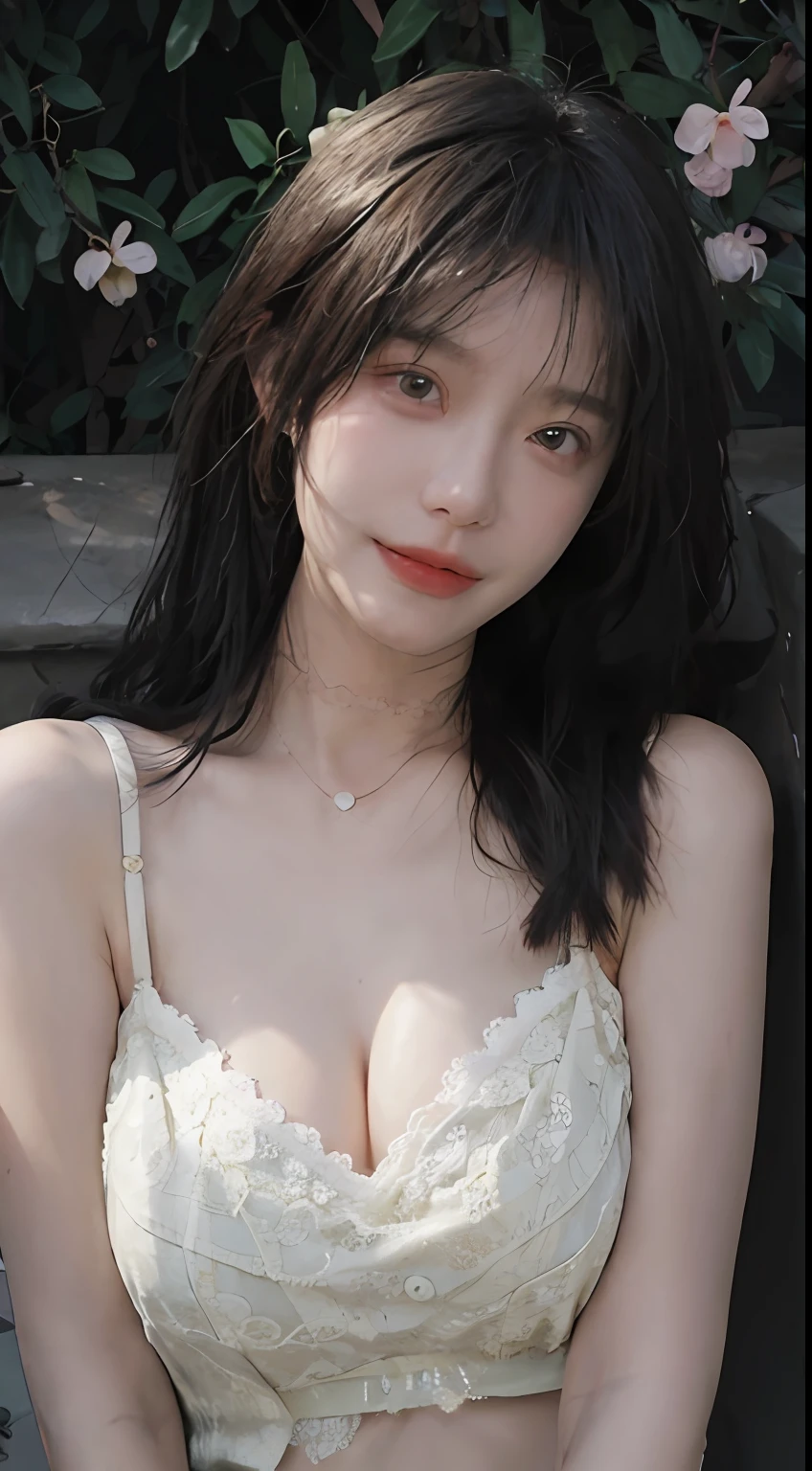 best qualtiy, 超高分辨率, (realisticlying:1.4), BAOYU girls, A pair of clear and moving peach blossom eyes,Royal Sister,with long coiled hair,(lawns:1.4),(choker necklace:1.2),(Fair skin:1.9),(full bodyesbian:1.2)a sense of atmosphere,a beauty girl, ssmile,head straight-looking at viewer, closeup cleavage ,(Photorealistic:1.4),1girll,Sexy,(Yellow lace BRA:1.2),(Big breasts:1.9),(Upper body:1.4),(Wet body),(:1.2)