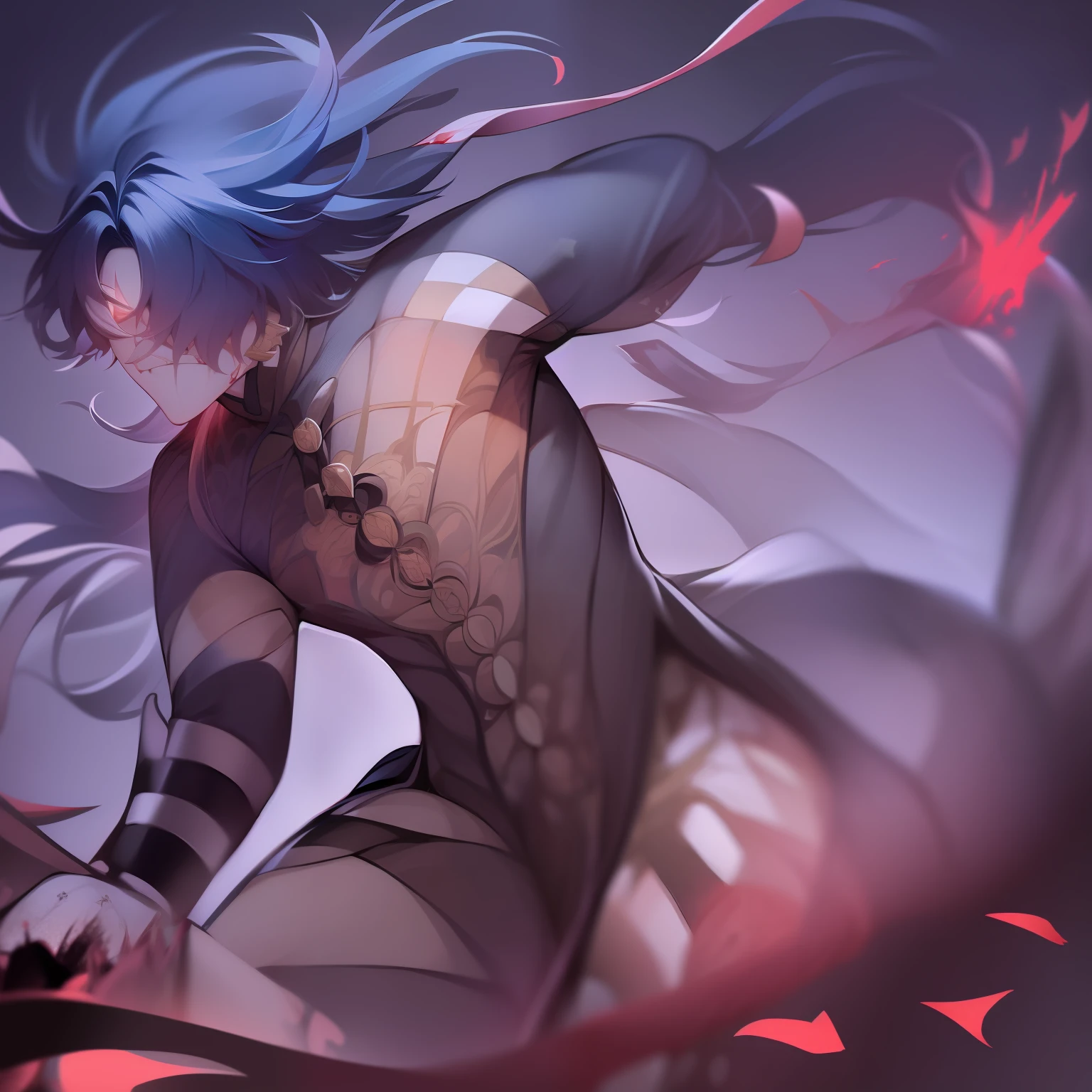 1man, Blade from honkai star rail, run, blood, laughing, crazy, that's running, he running and laughing, interesting composition