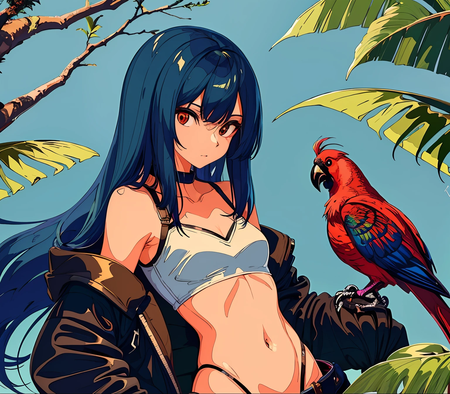 age girl, slim body, model, long blue hair, 170 centimeter height, palm cockatoo bird, parrot, black and red bird, black and red cockatoo bird, black and red parrot, crop top innerwear, long coat outwear, fashion, photography, nature background, detail, magazine style, unique angle