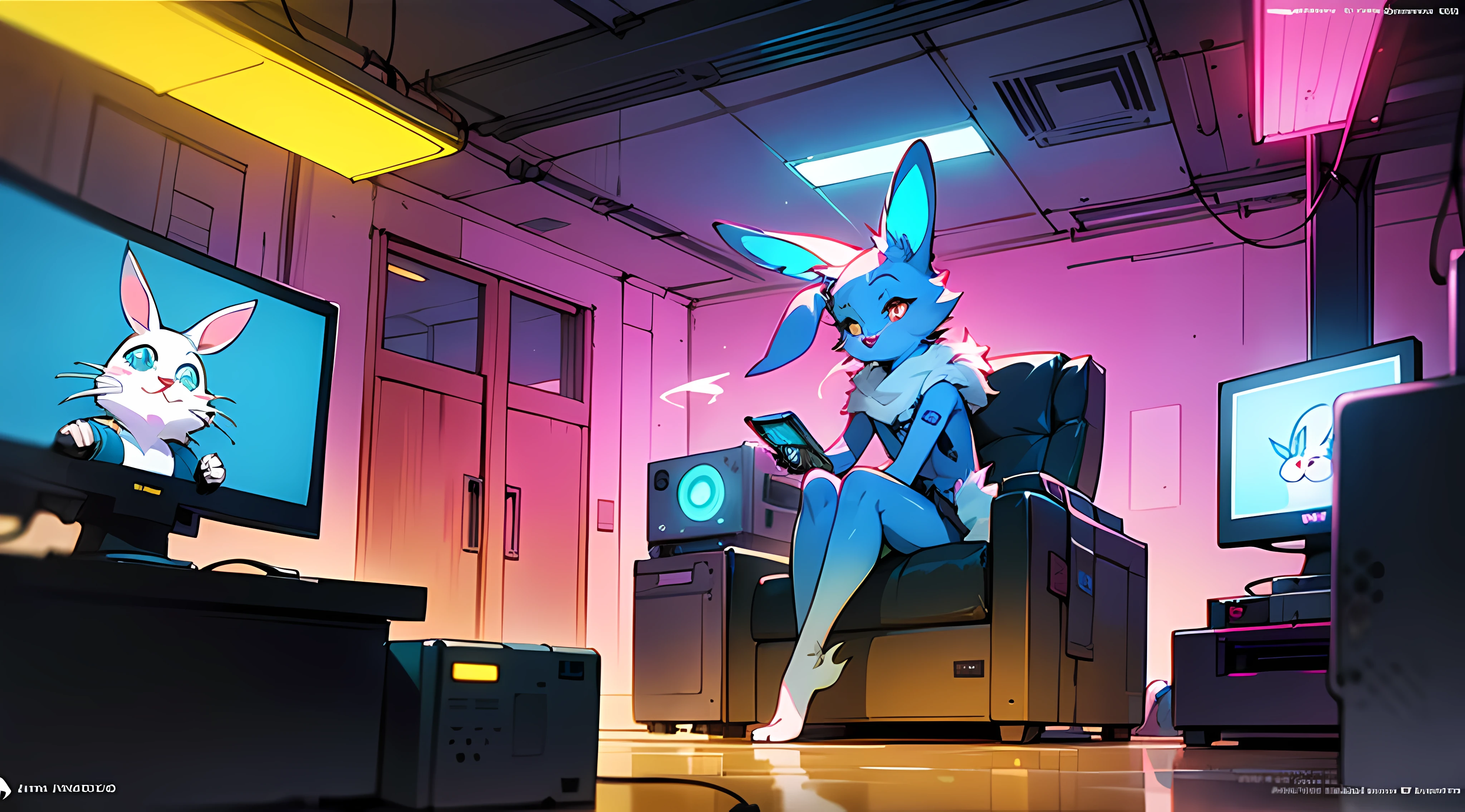 crt vhs screencap of a cel animation still from a 1980s neon dystopian anime about a cyberpunk anthro kemono furry blue rabbit girl who patrols the streets looking for criminal robots, cyberpunk art by Josan Gonzalez, behance contest winner, afrofuturism, synthwave, neon, glowing neon, (blame! style abandoned tech landscape), (Zen, Amy Sol style), (((beats to relax/study to))), (((Lofi anthro kemono blue-furred rabbit girl in power armor sitting in metal chair behind computer terminal, behind giant glass terminal screen, beats to relax/study to))), (((blue kemono beastars furry rabbit anime hacker with small soft furry paws))), (((suspended glass cyberpunk computer terminals with robot rabbit in background))), ((glowing cyberdeck screens)), (underground, dark, foggy, perilous, abandoned dystopian apartment bedroom, deep windows), (abstract anthro rabbit figure wearing bunny ears), cover art with light abstraction, abstract, simple vector art, contemporary Cybernetic art, color gradients, soft color palettes, layered forms, whimsical animation, style Ethereal abstract, 4K, --v6