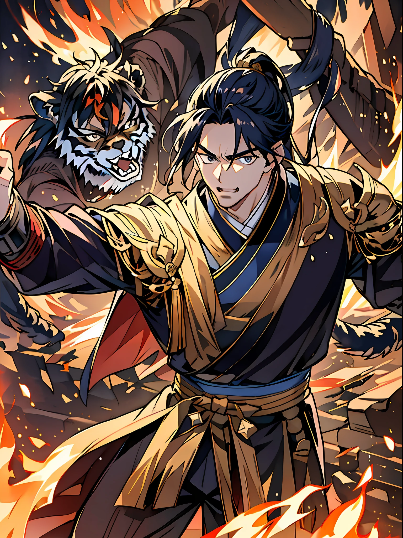 tmasterpiece:1.2),best qualtiy,Pisif, A handsome and decisive sparkles, Armed with a glittering sword,It emits a cold light, Surrounded by fire and lightning particles. He wears black and red intersecting armor, It was like a bolt of lightning piercing the night sky. A huge tiger,The tigers fought fiercely, Surrounding flames,salama,Majestic gestures and trampling on fiery flames. Flames surged around them, creating an opulent atmosphere. The image is in high definition,Capture the highlights of this epic battle.