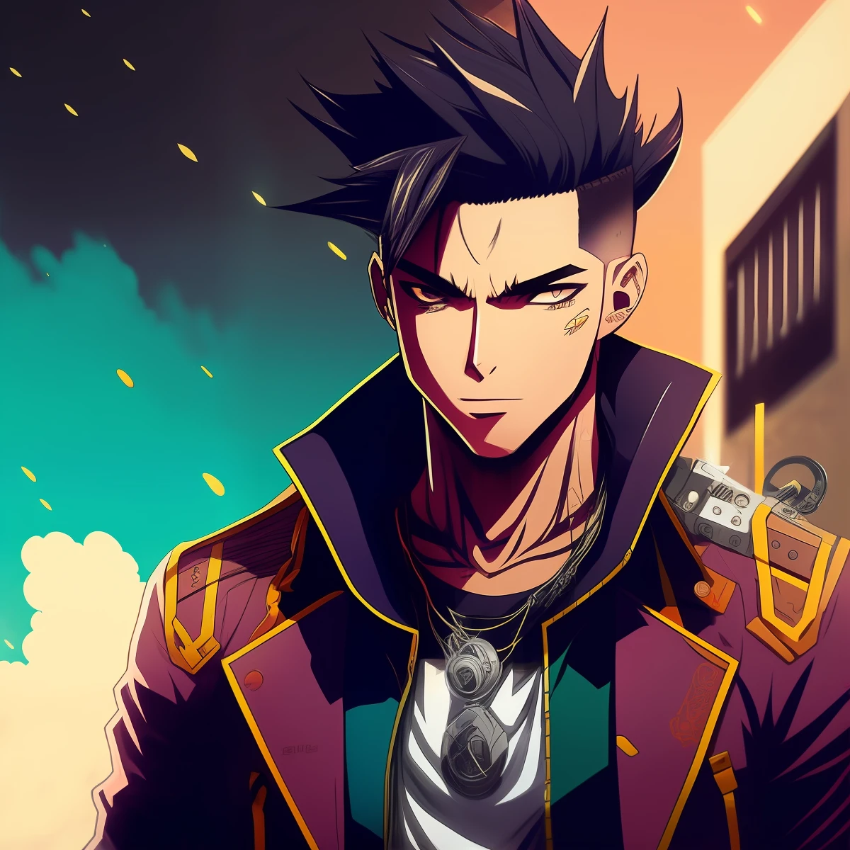 Personagem anime masculino sombrio cyberpunk de capuz preto com fundo azul
